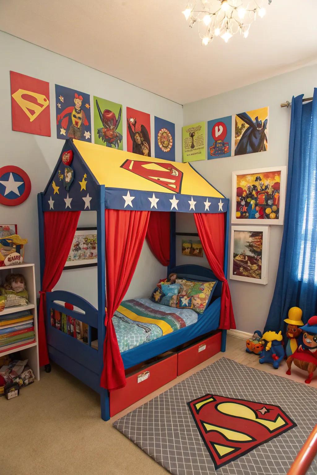 Recharge in a superhero-themed canopy bed.