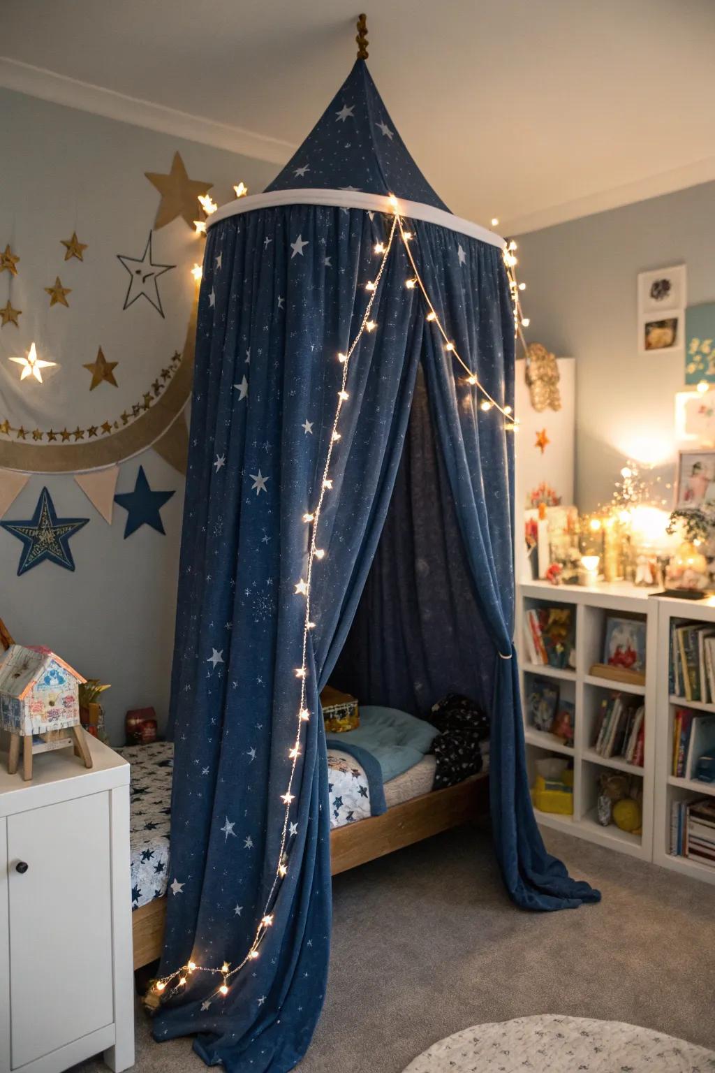 Sleep beneath the stars with a starry night canopy bed.