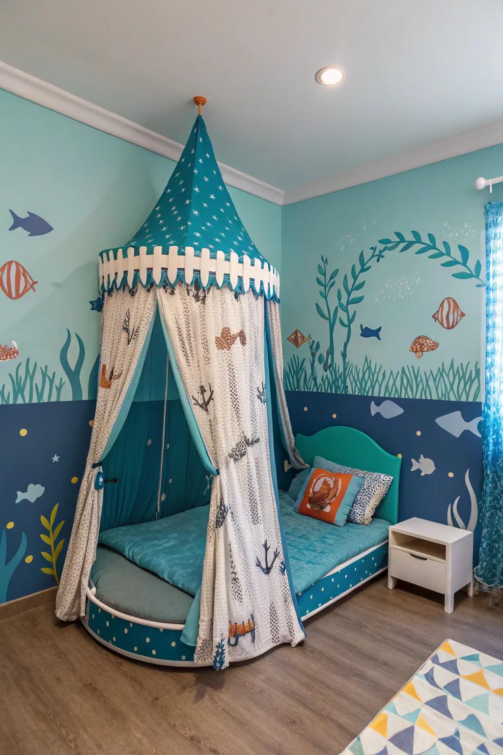 Dive into dreams with an underwater-themed canopy bed.