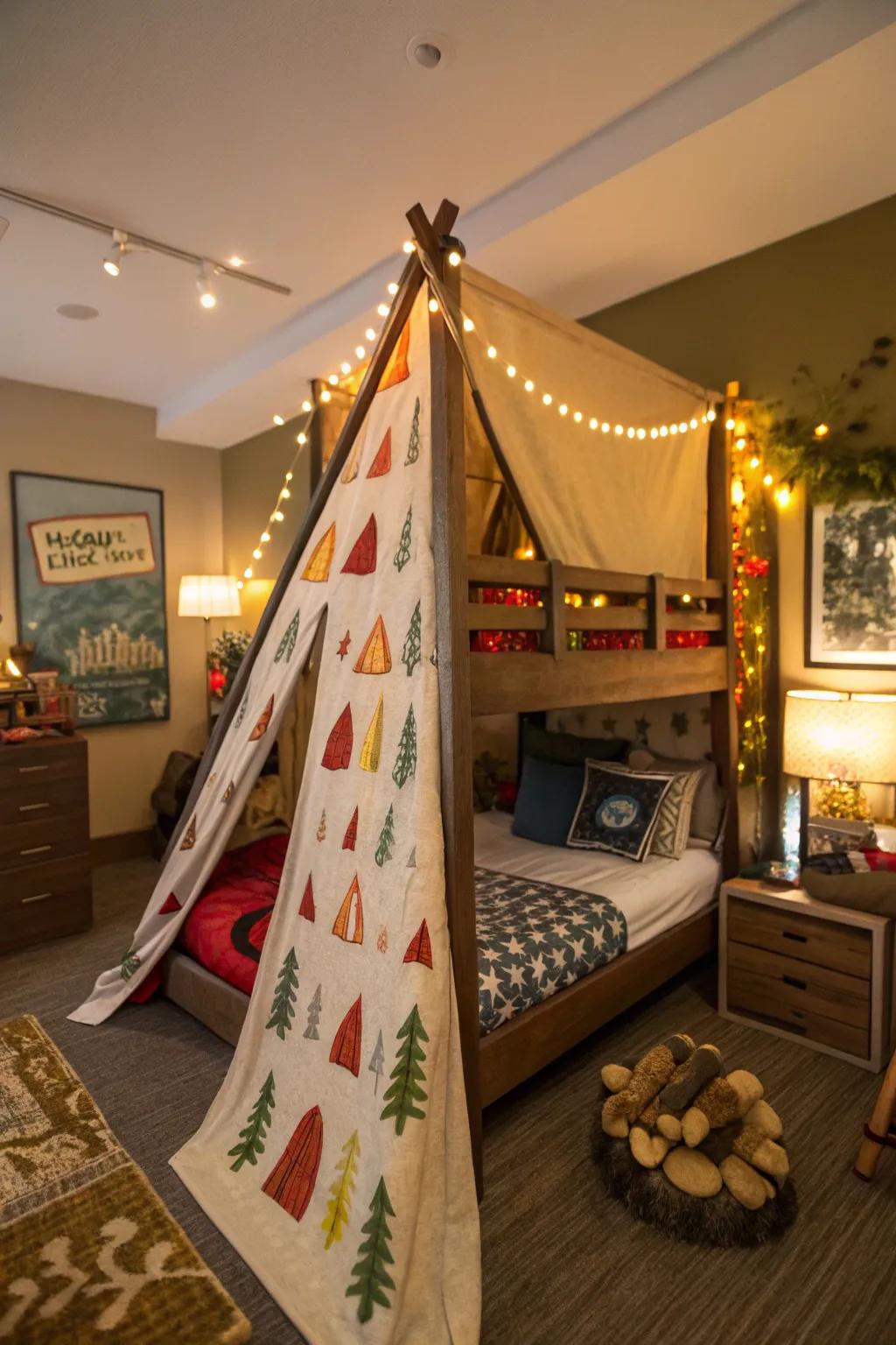 Experience camping magic with a campfire-themed canopy bed.