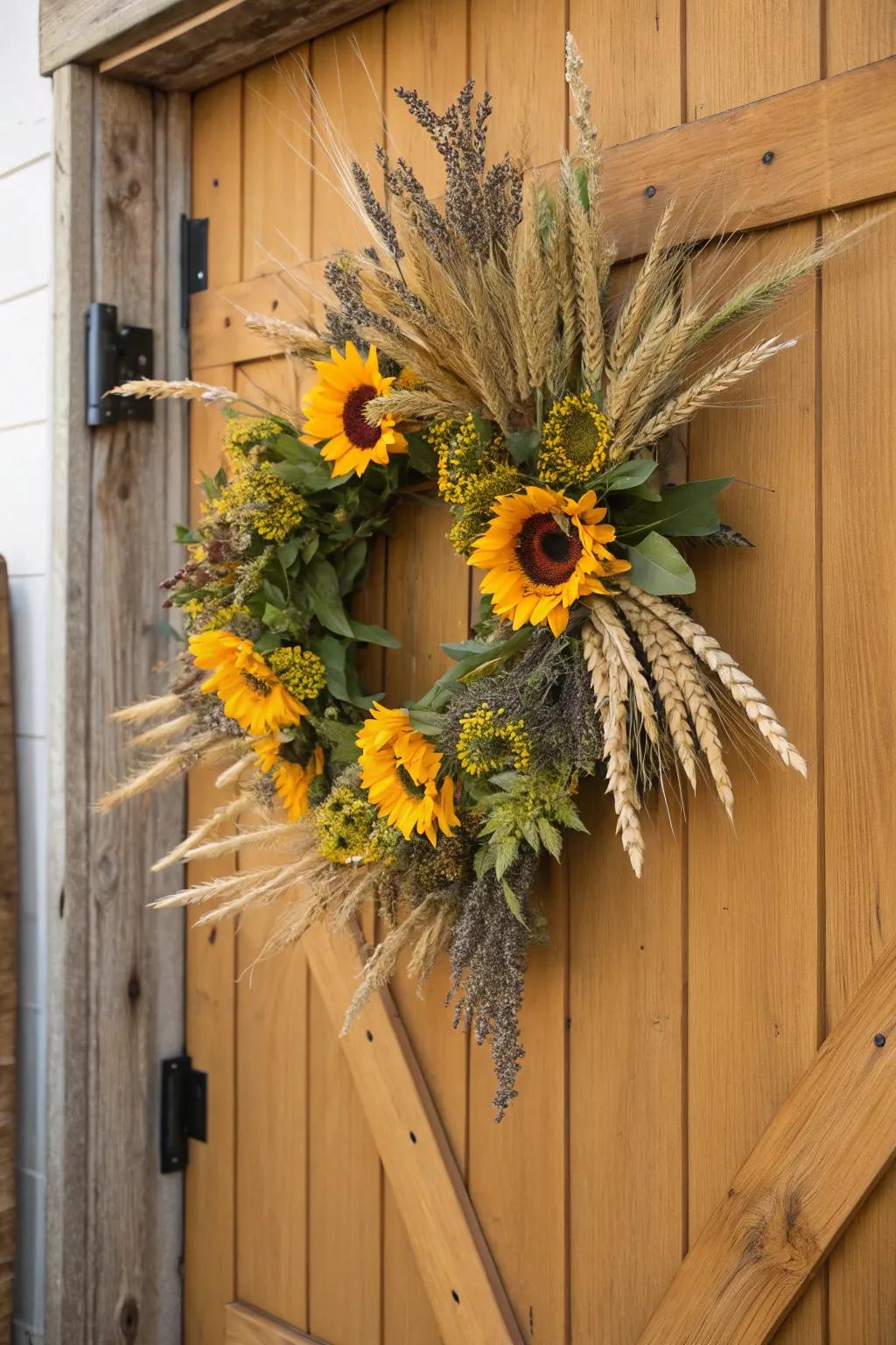 Sunflowers intertwined with wheat for a rustic harvest wreath.