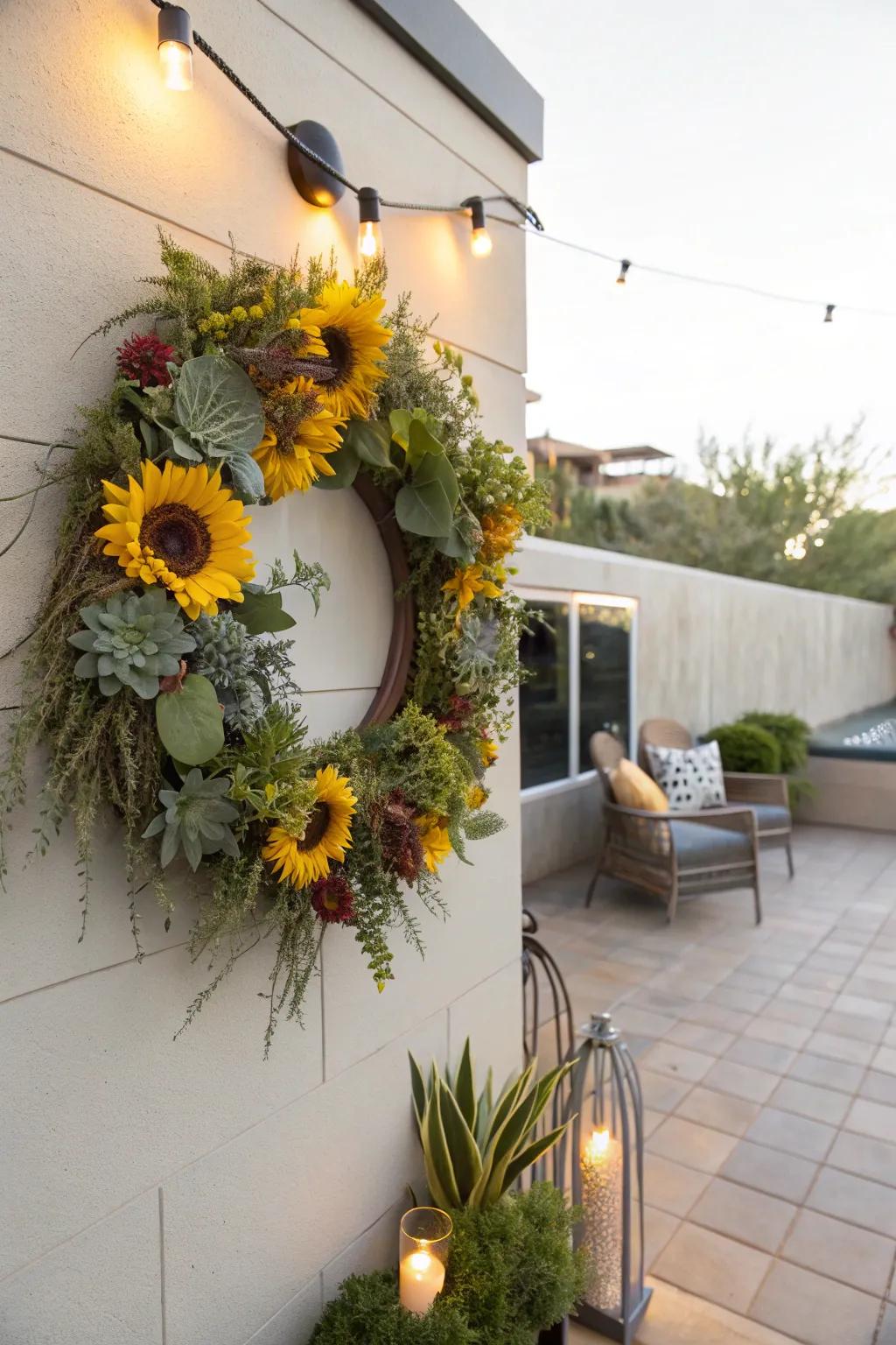A modern wreath combining sunflowers and succulents.