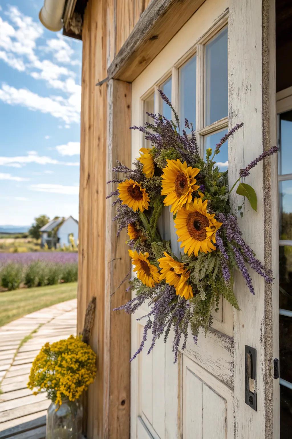 Sunflowers paired with lavender for a calming wreath.