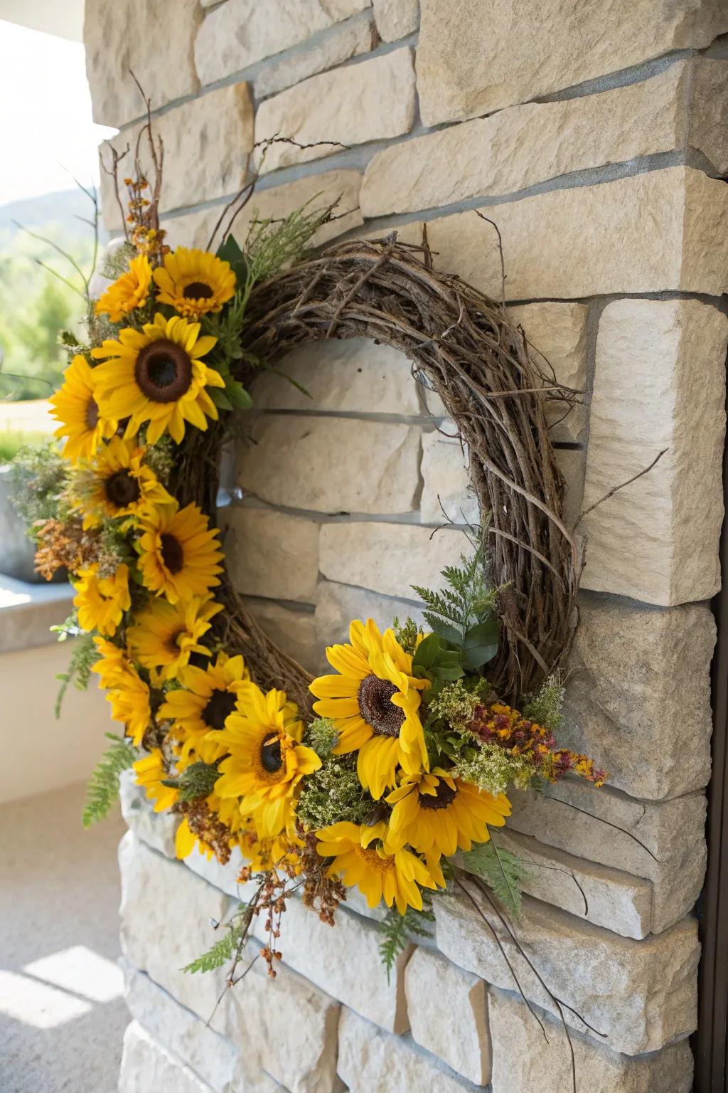 Sunflower wreath woven with natural twigs and branches.