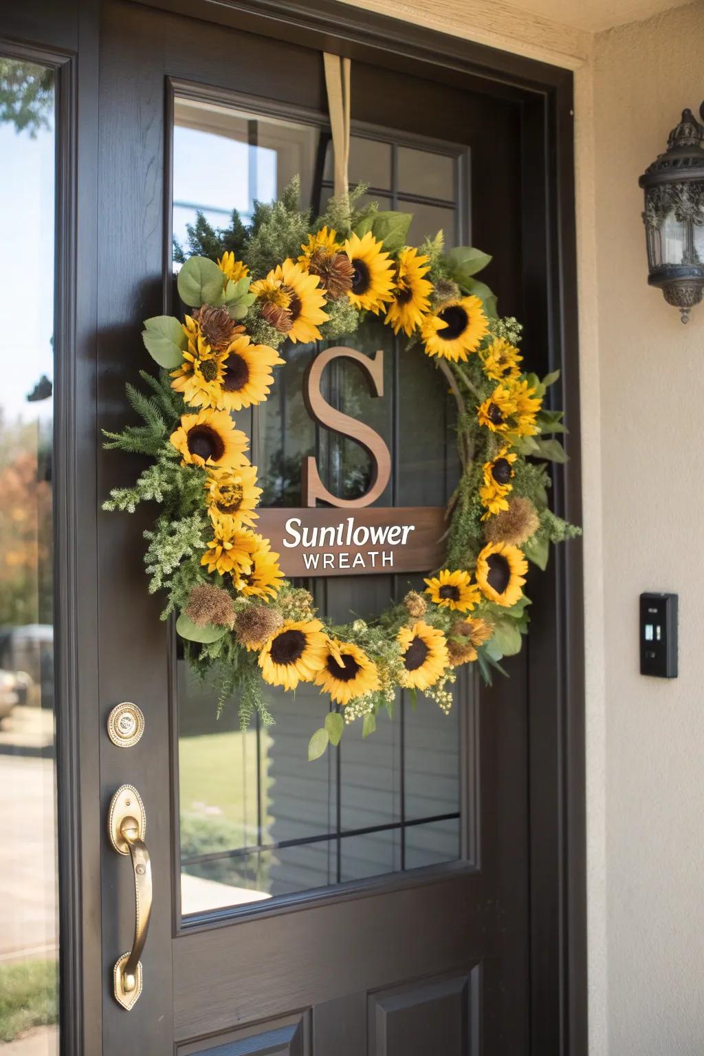 Custom monogram nestled among sunflowers on a wreath.