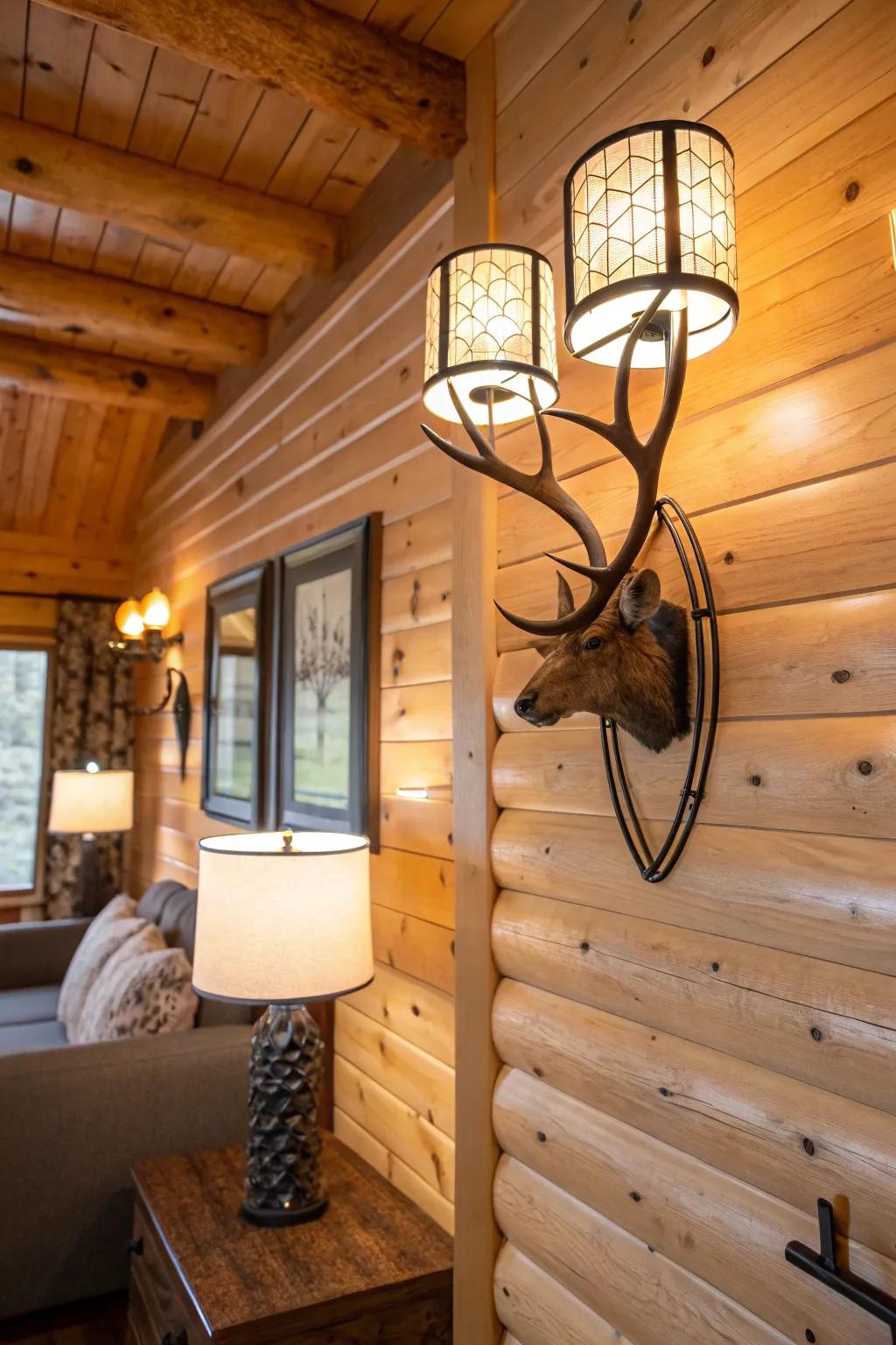 Artisan lighting fixtures illuminating a rustic cabin.