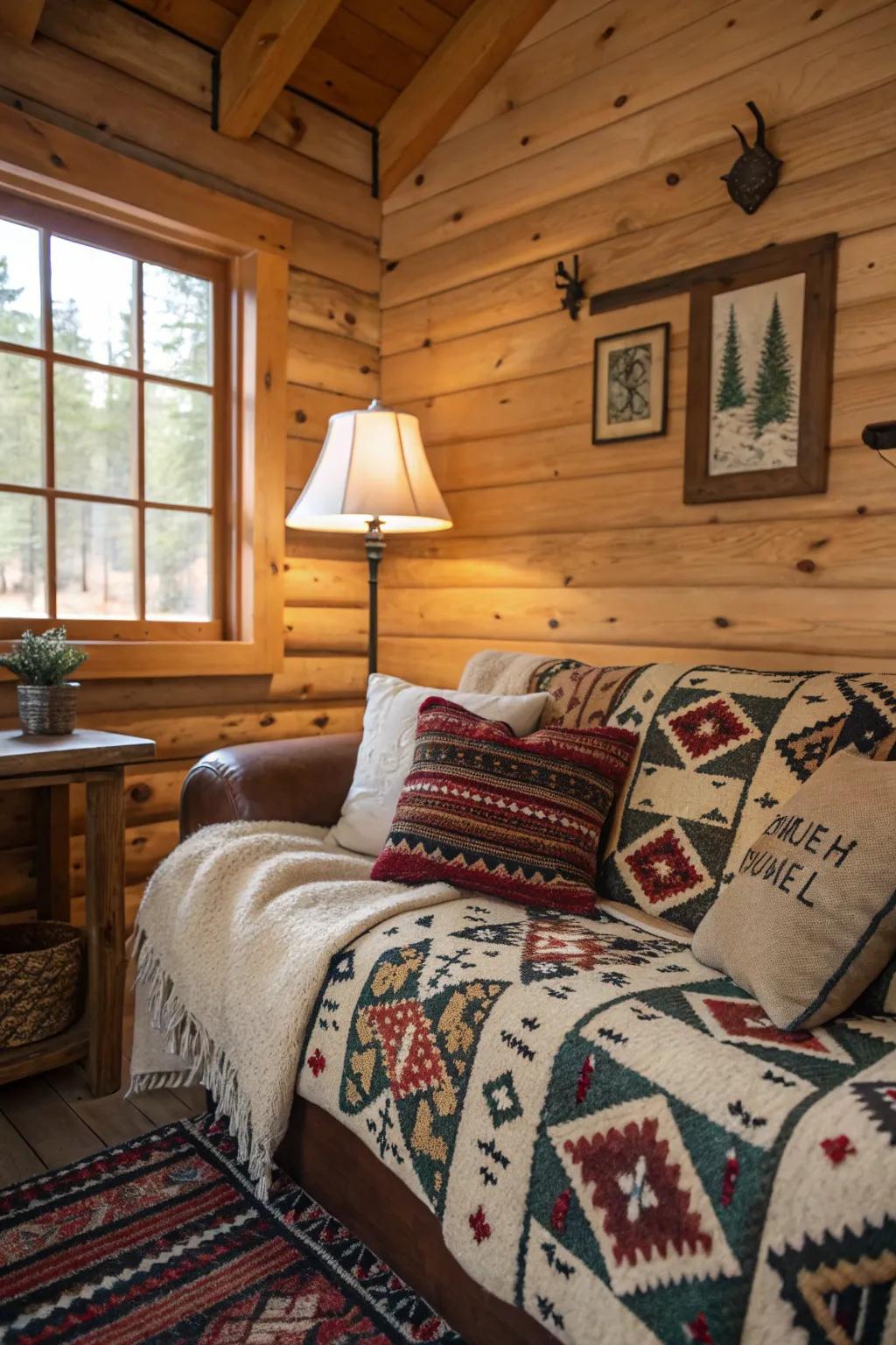 Textured textiles and cushions adding depth to cabin interiors.