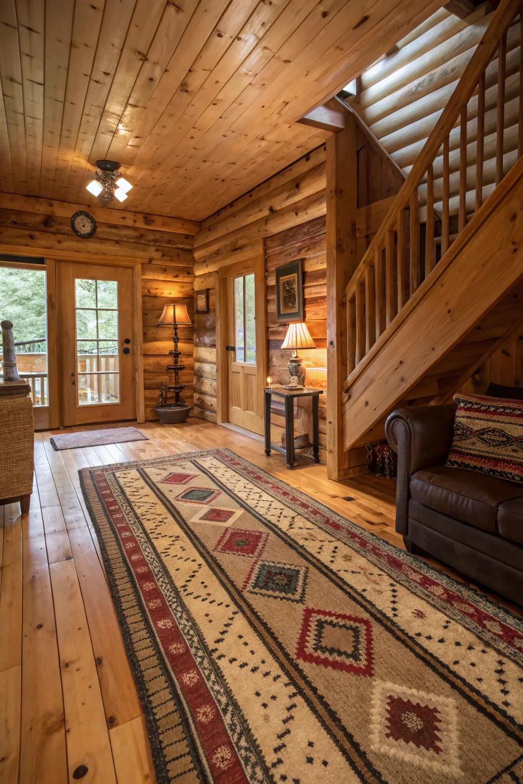 Multiple rugs layered for comfort and style in a cabin.