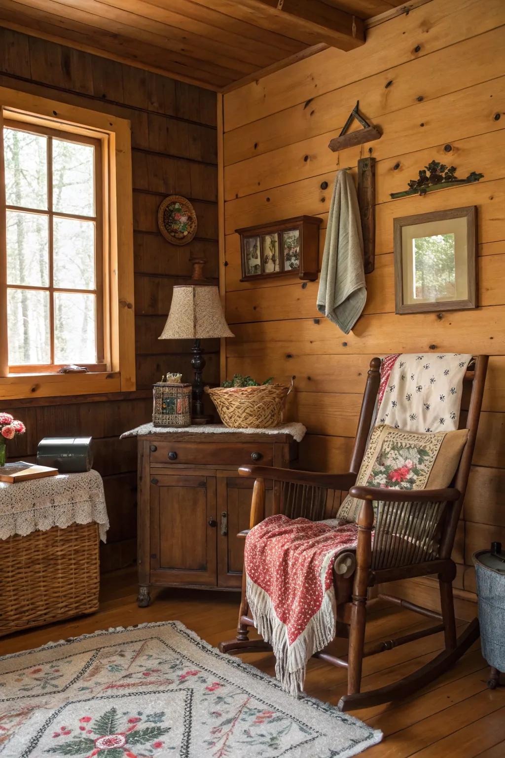 Antique furniture and decor adding charm to a cabin.
