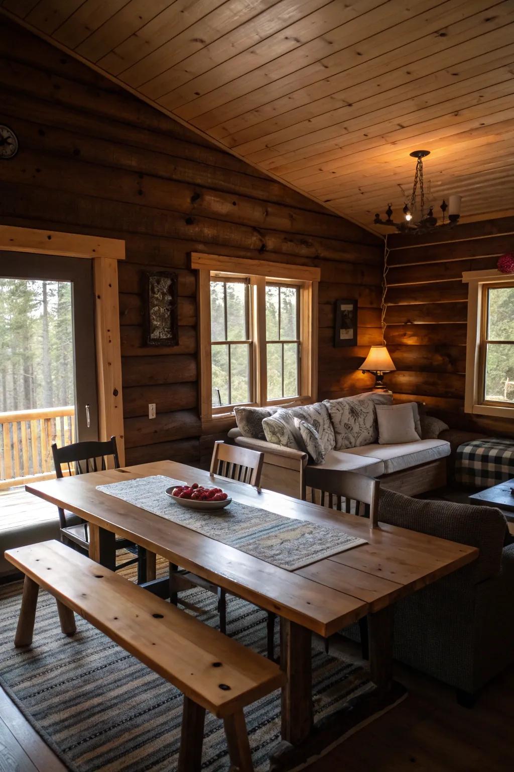 Comfortable and functional furniture in a knotty pine cabin.