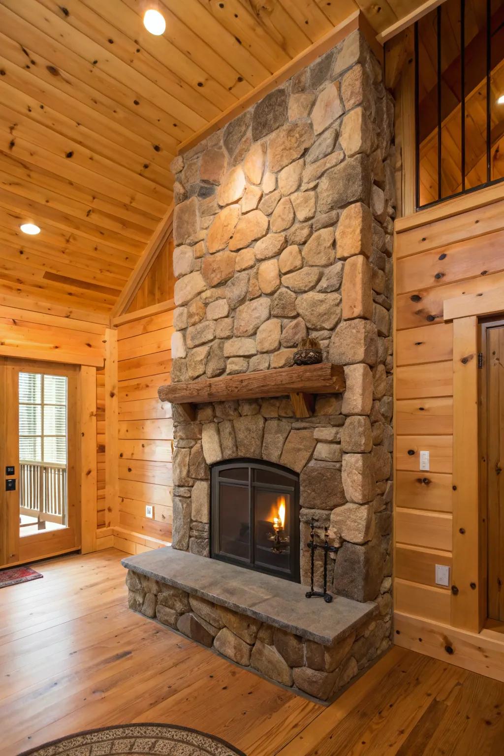 Stone fireplace complementing knotty pine walls.