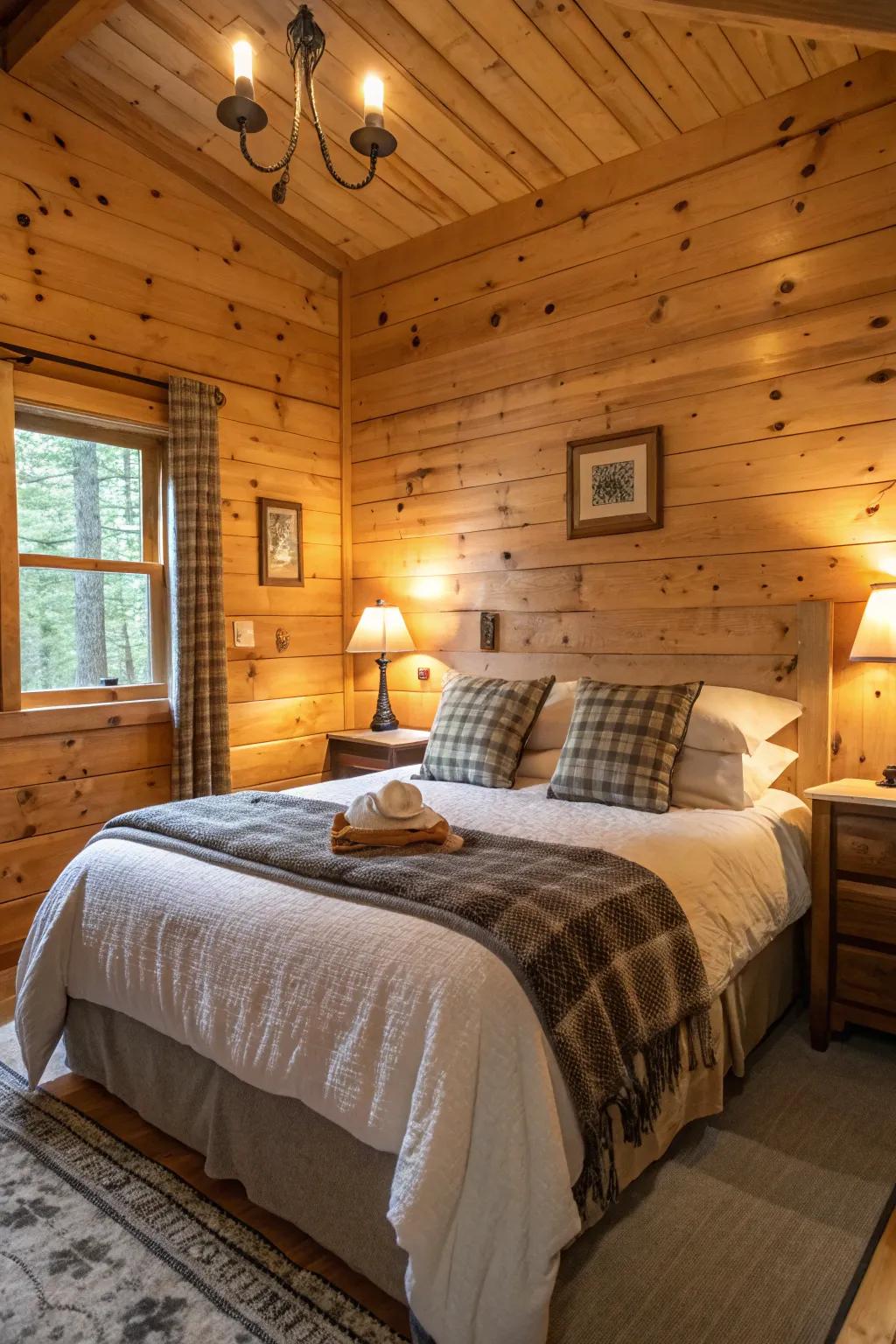 Cozy bedroom with plush bedding and knotty pine walls.