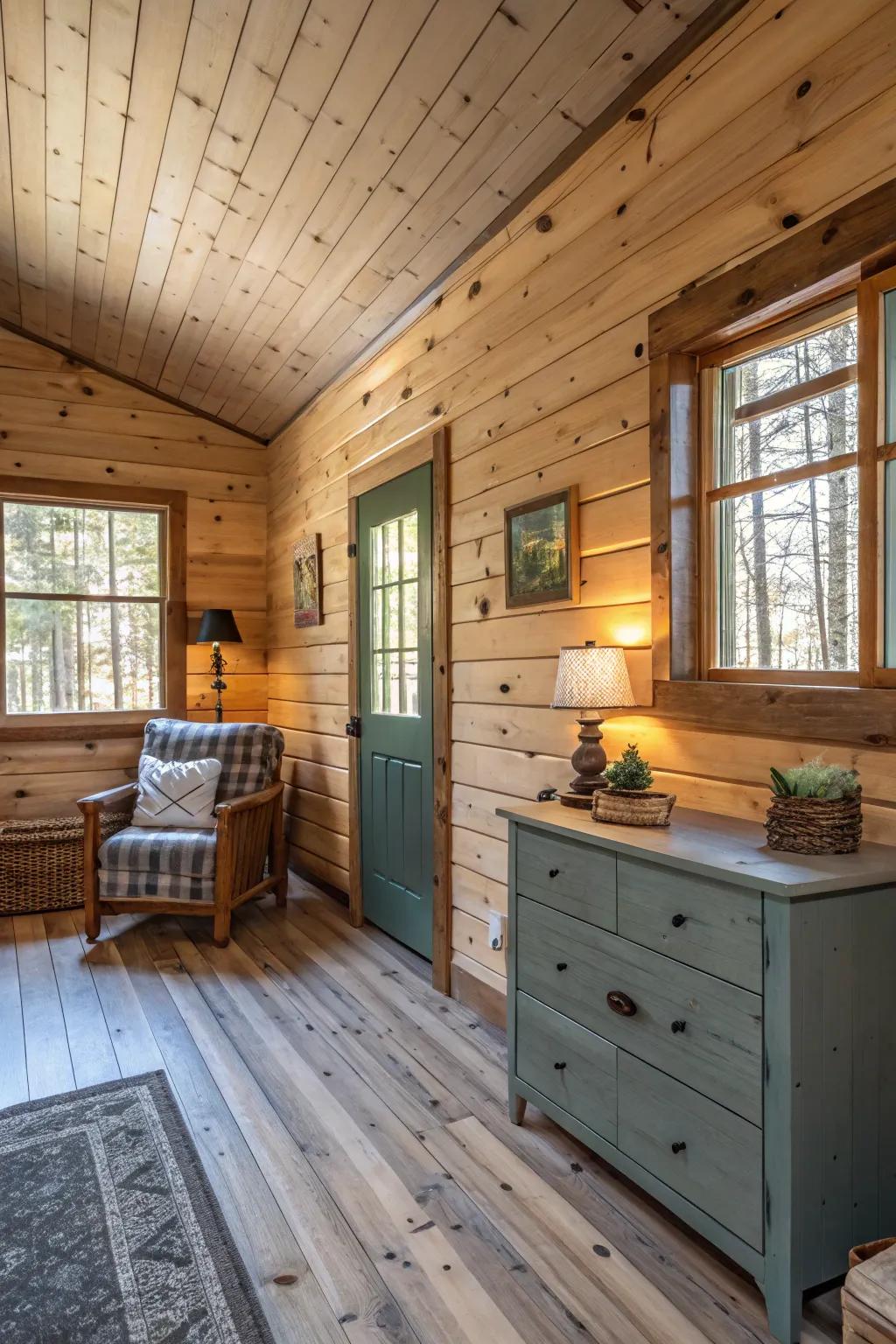 Painted accents adding a contemporary touch to knotty pine walls.