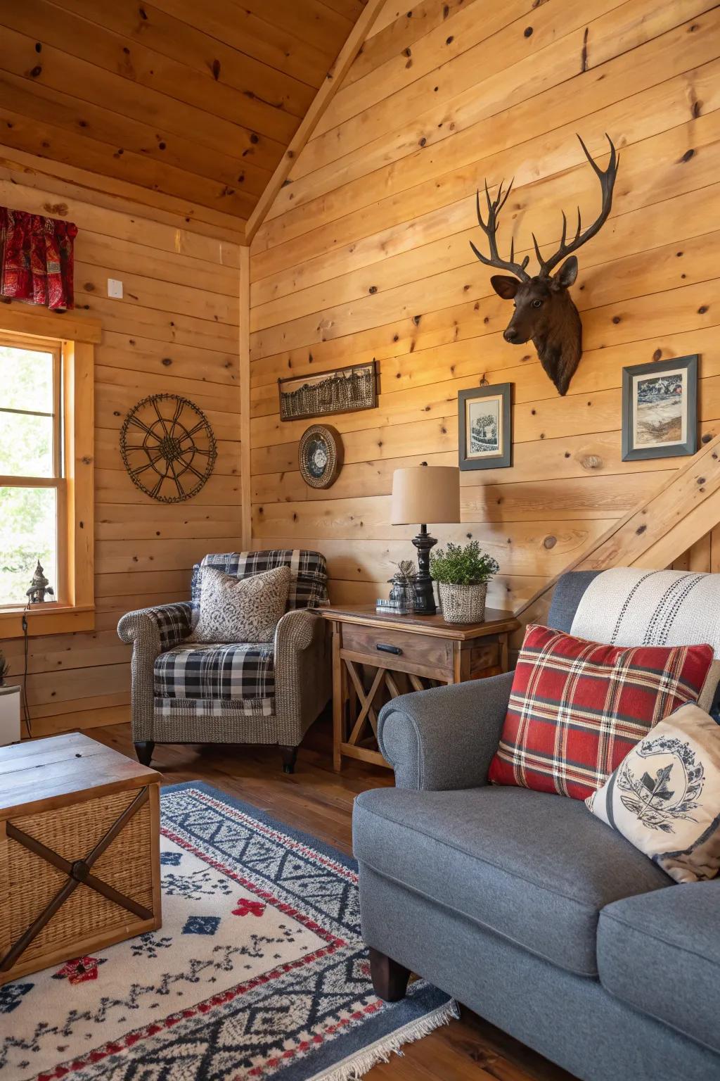 Eclectic decor mixing vintage and modern styles in a cabin.