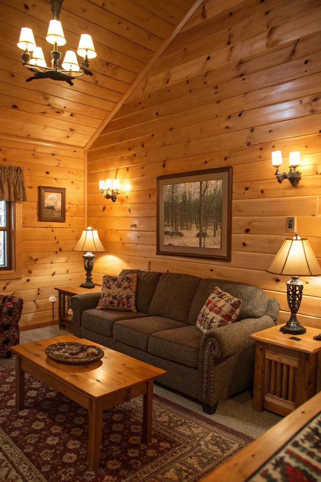 Warm lighting creating a cozy atmosphere in a cabin.