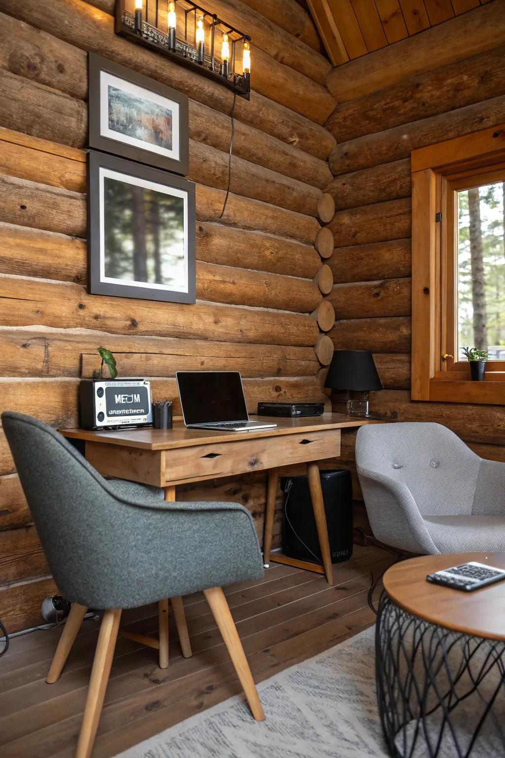 Modern amenities blending with traditional knotty pine interiors.