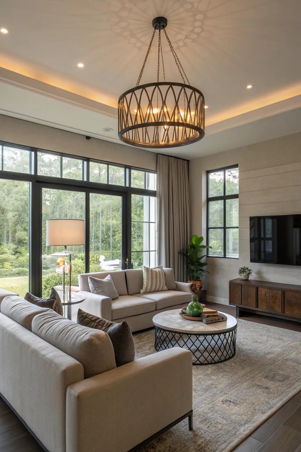 Comfortable modern living room with elegant lighting.