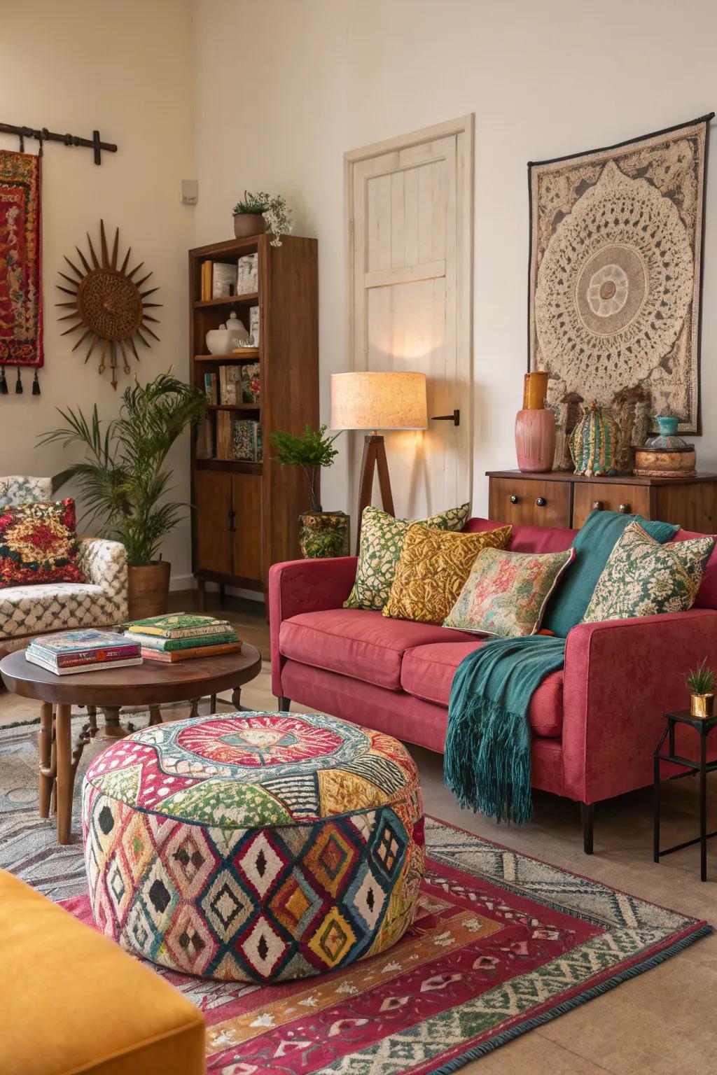 Eclectic living room showcasing diverse textures and colors.