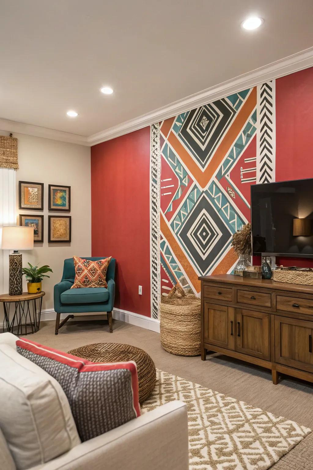 Room featuring a striking accent wall with bold design.