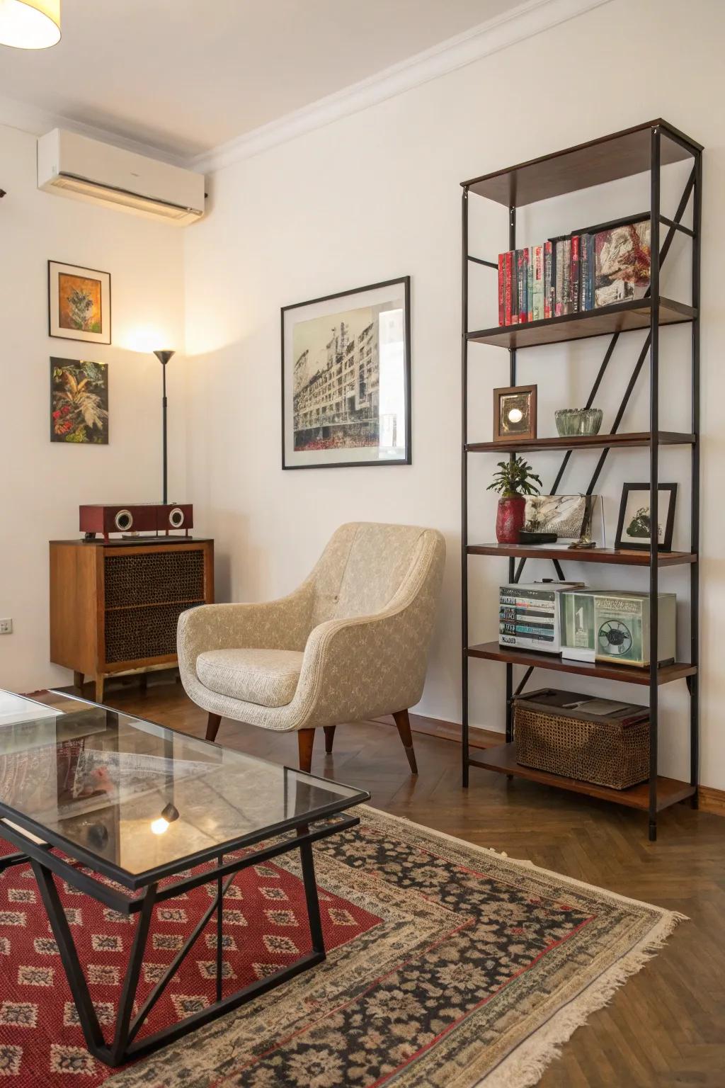 Room blending vintage and modern decor for timeless appeal.