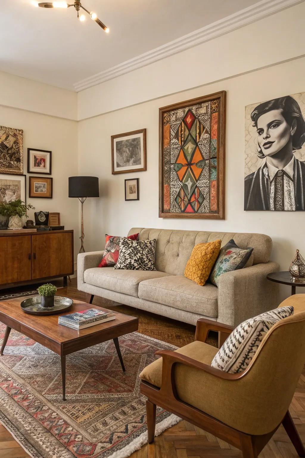 Living room personalized with curated art and decor.