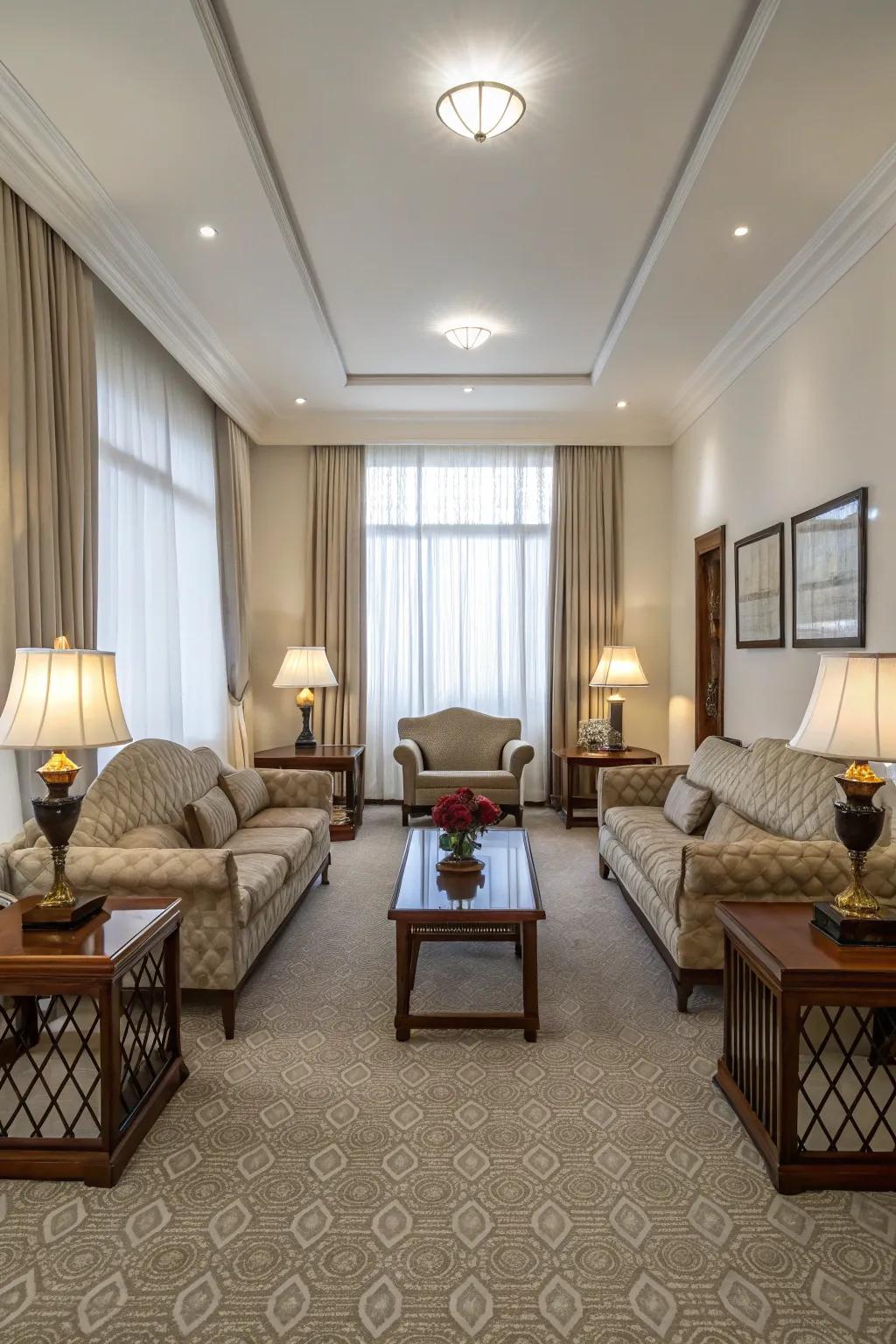 Room designed with symmetrical furniture and decor for balance.