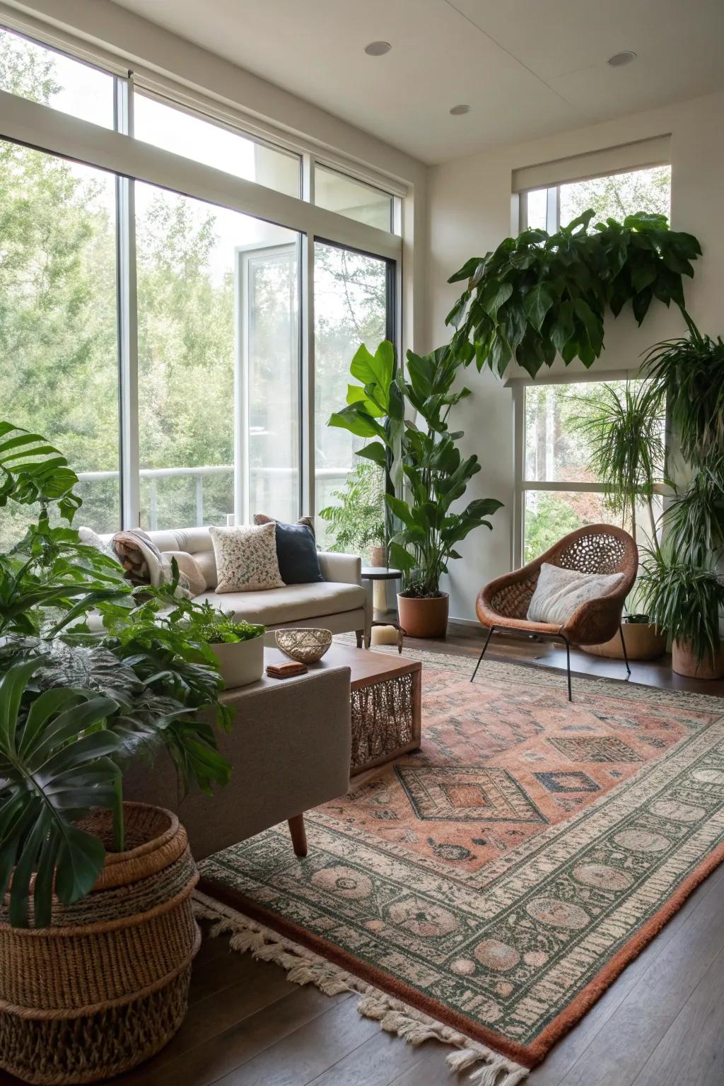 Modern room enlivened with plants and a defining rug.