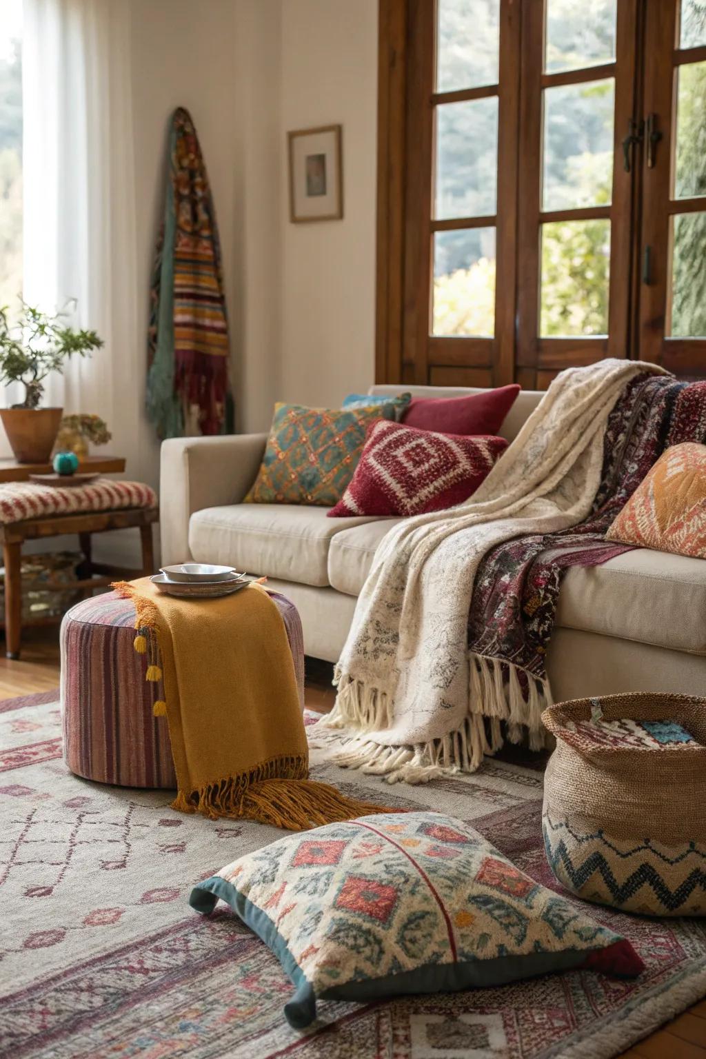 Inviting room featuring layered throws, cushions, and rugs.