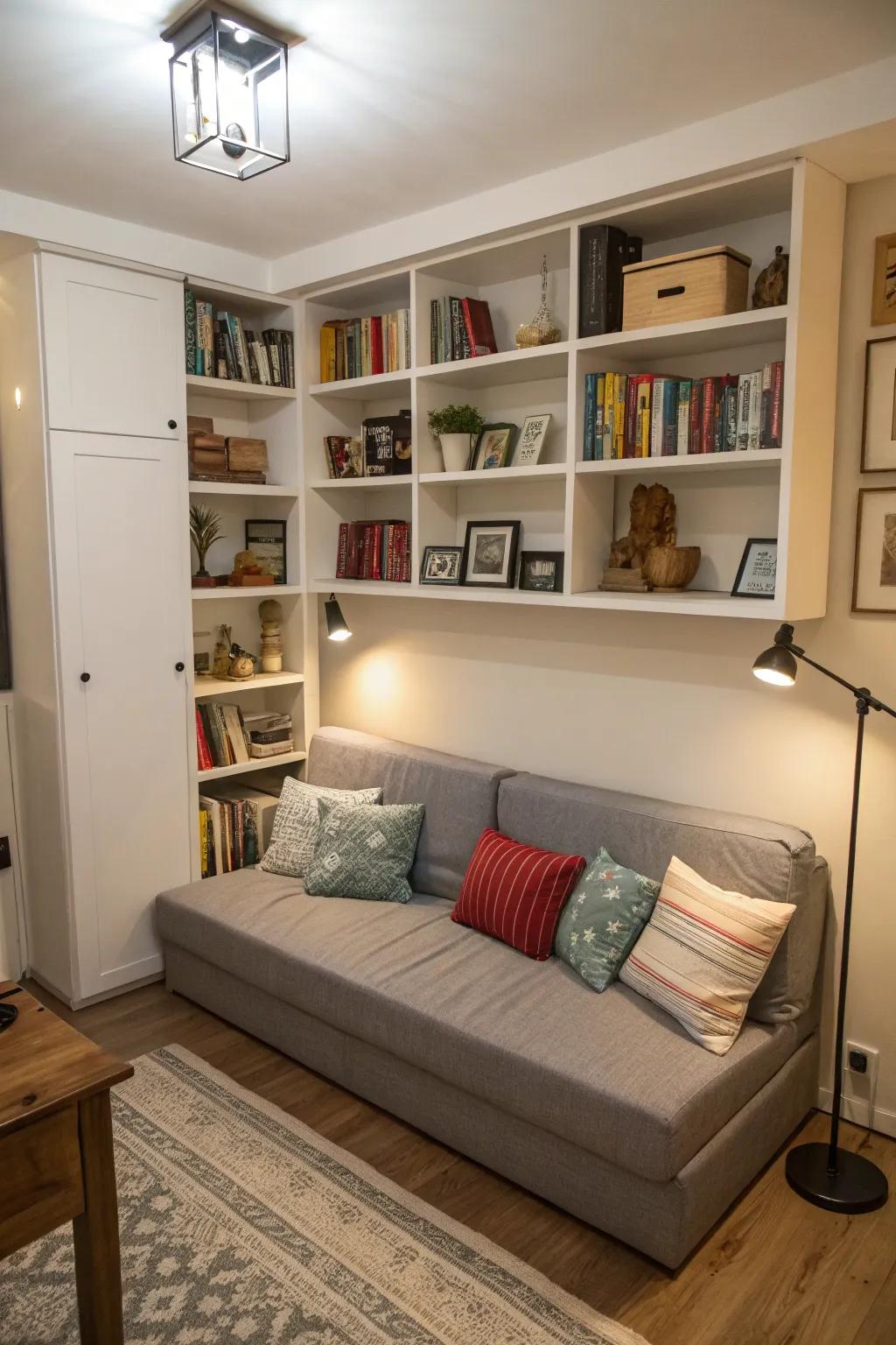 Room with multi-functional furniture and smart storage.