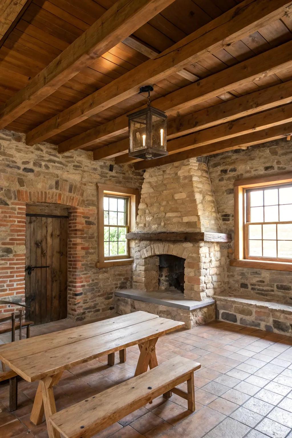 Rustic room featuring wood and stone materials.