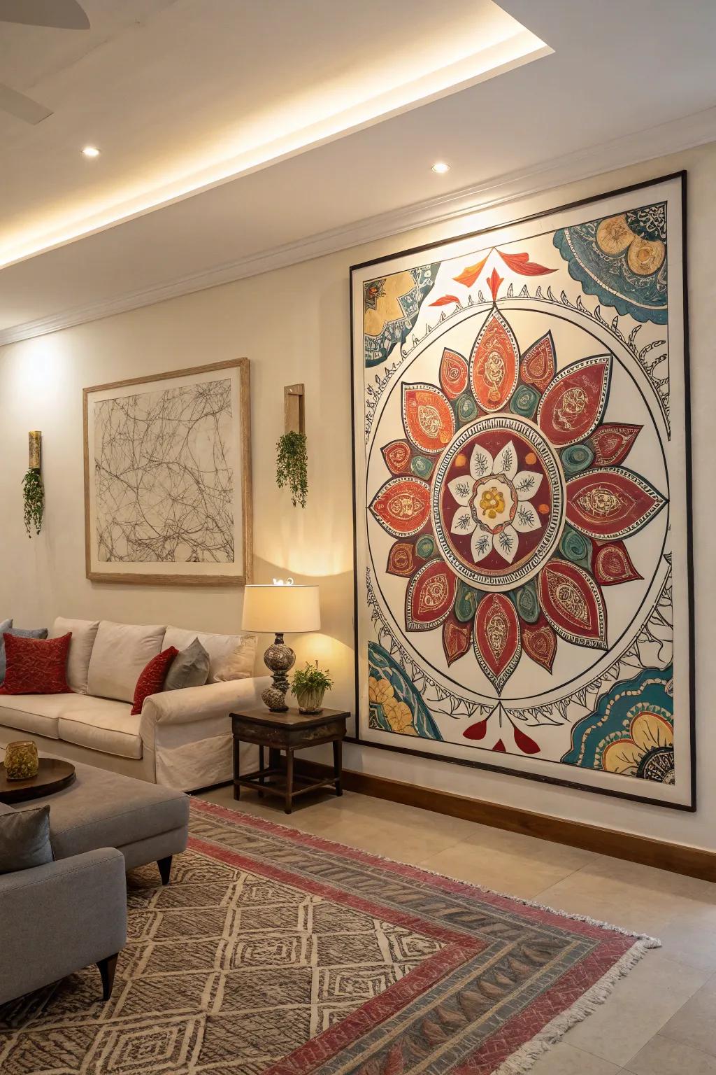 Room anchored by a captivating piece of wall art.