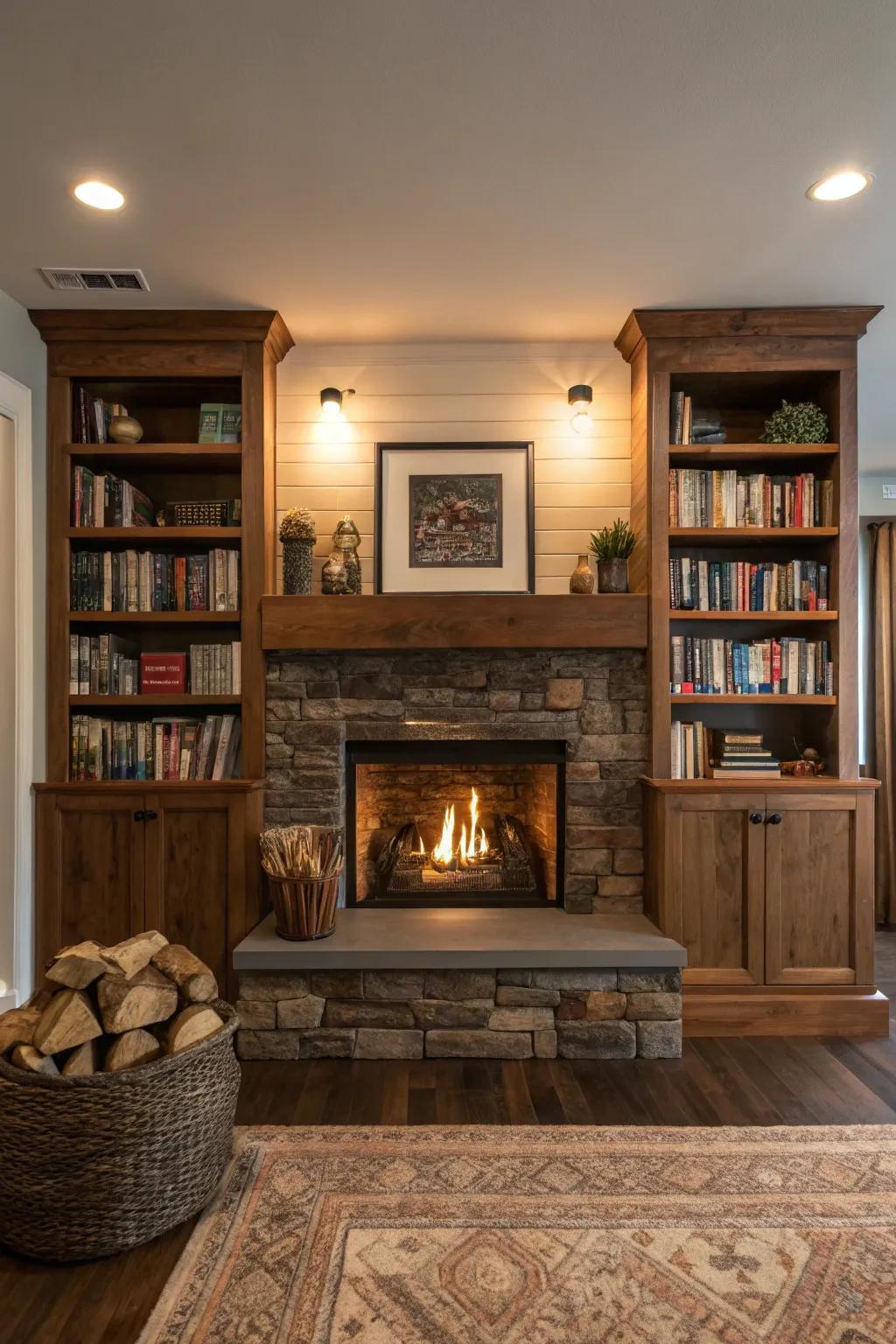 Fireplace flanked by built-in bookshelves for a cozy library vibe.