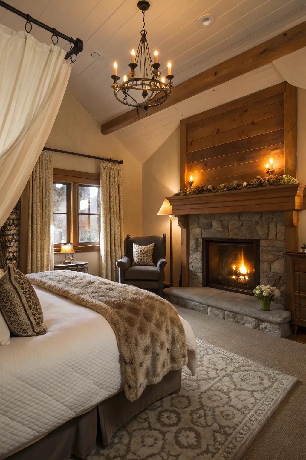 A fireplace creating a cozy bedroom atmosphere.