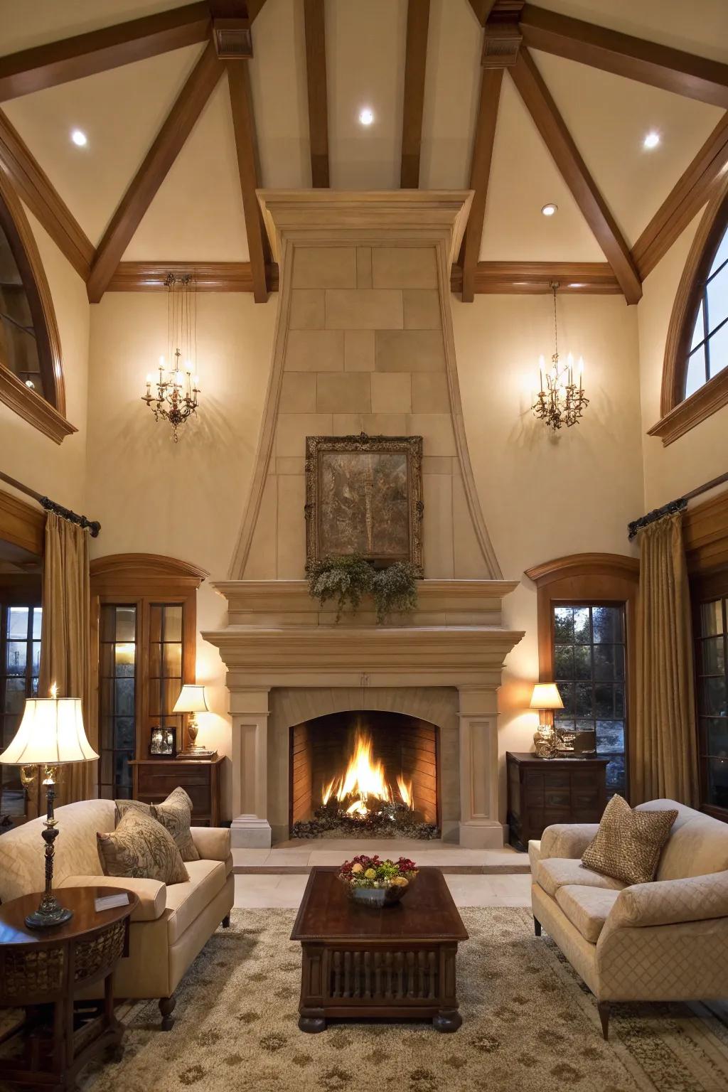 Tall fireplace extending to dramatic high ceilings.