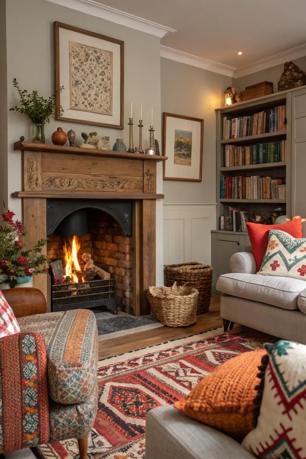 Eclectic decor surrounding a fireplace.