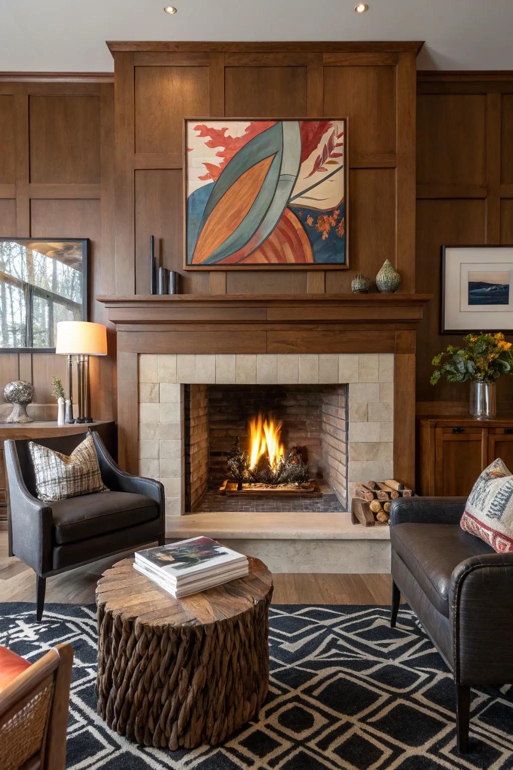 Artwork enhancing the fireplace's visual appeal.