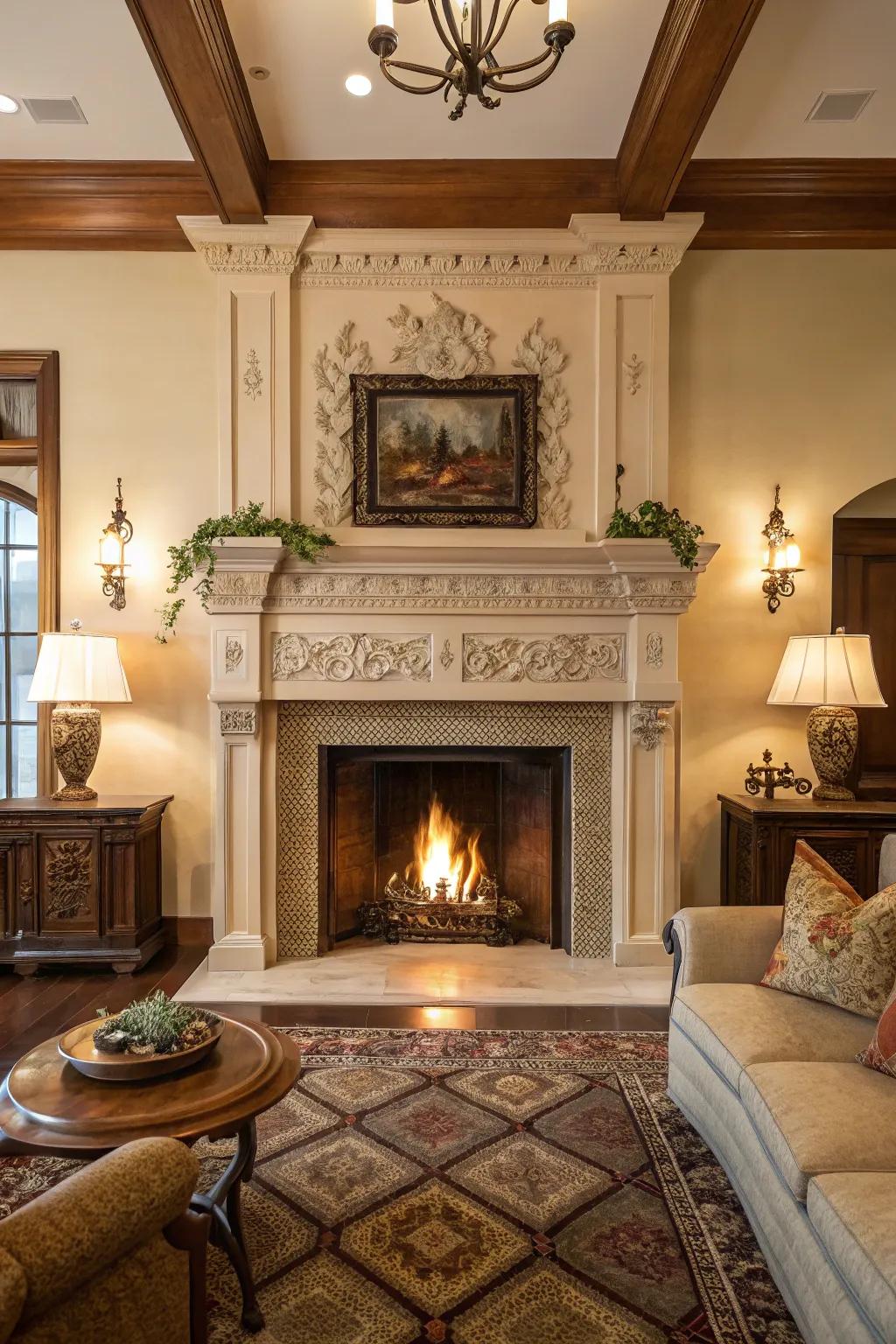 Impressive fireplace with a bold mantel.