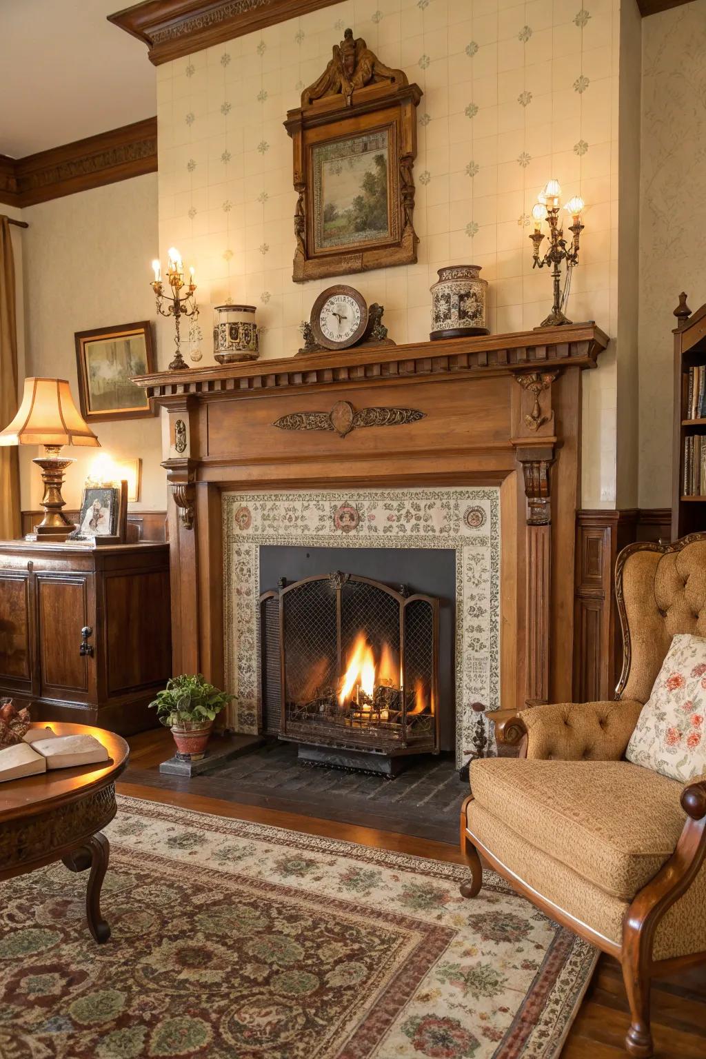Vintage-inspired fireplace decor.