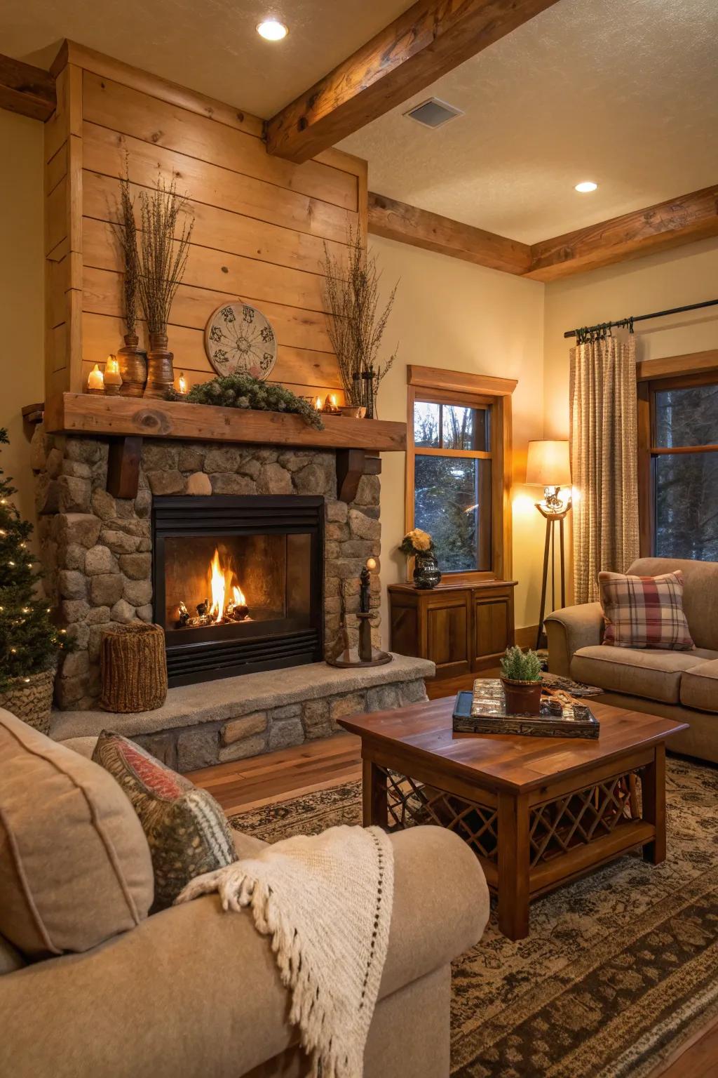 Earthy color palette complementing a fireplace.