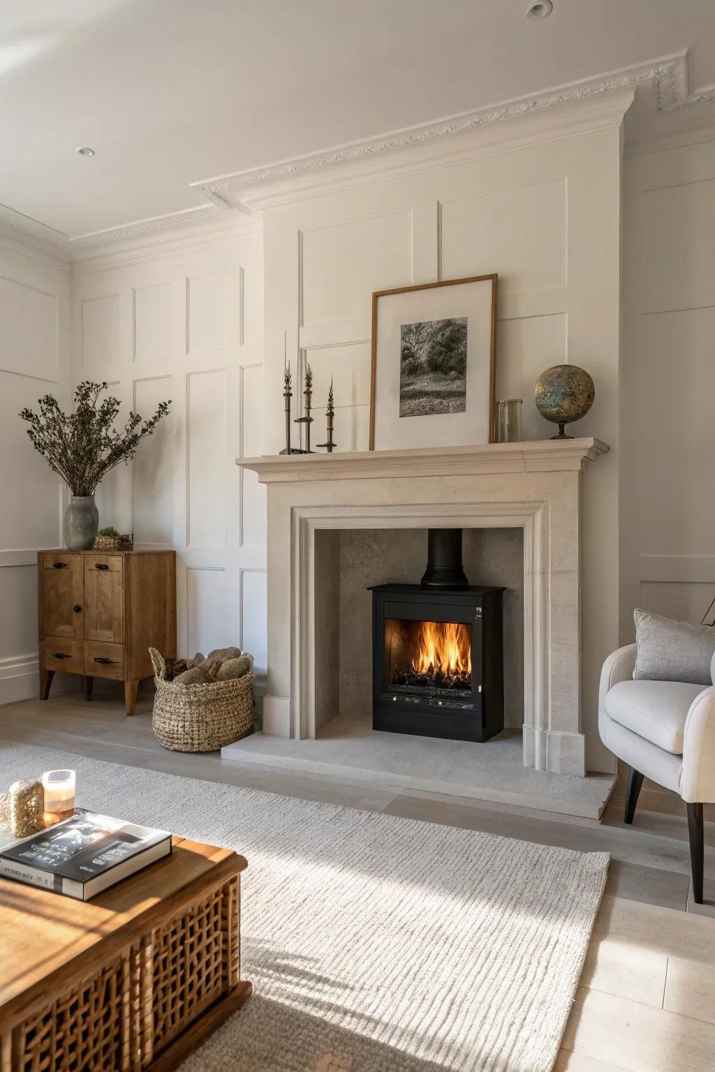 Modern minimalist fireplace with clean lines.
