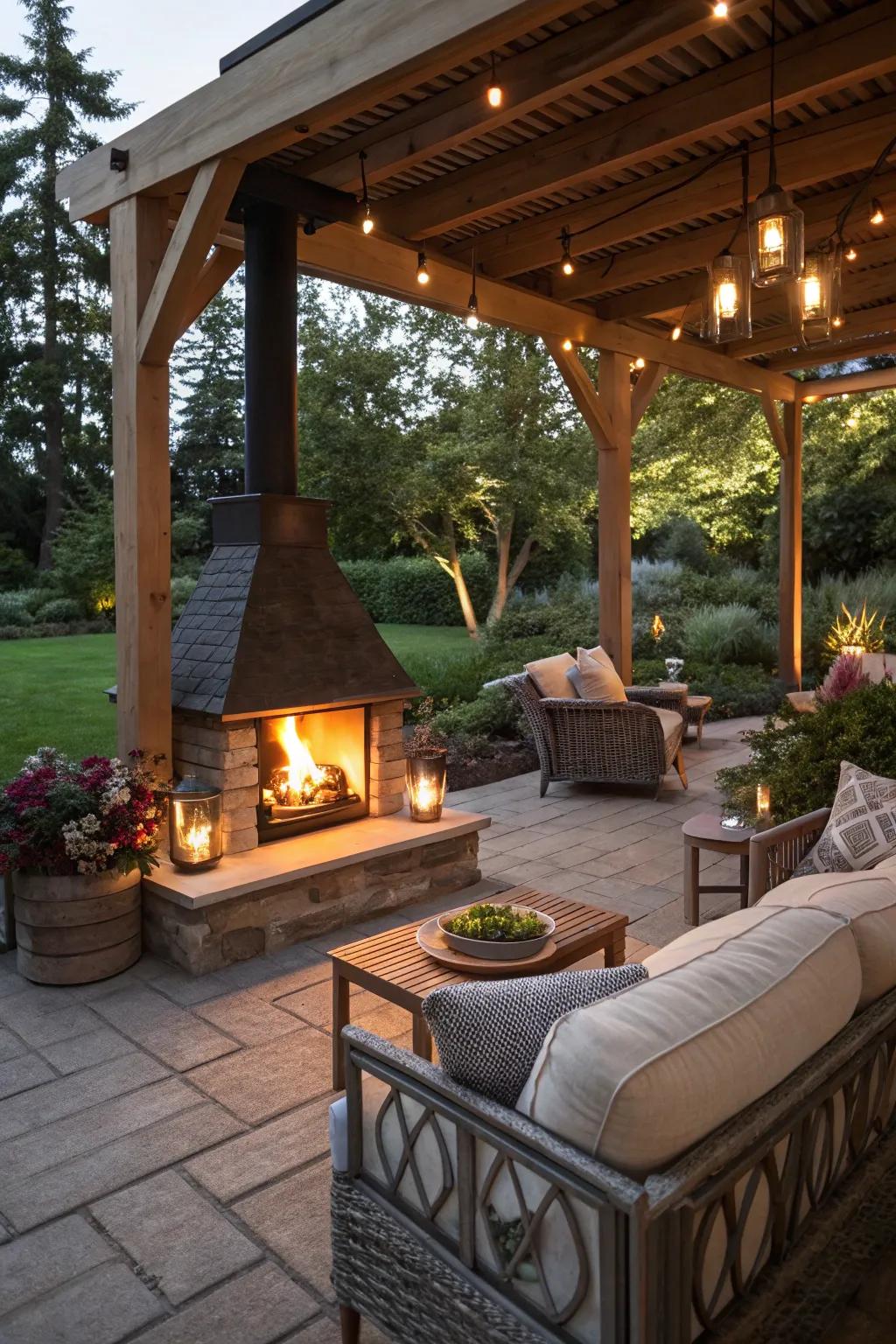 Cozy outdoor patio fireplace setting.