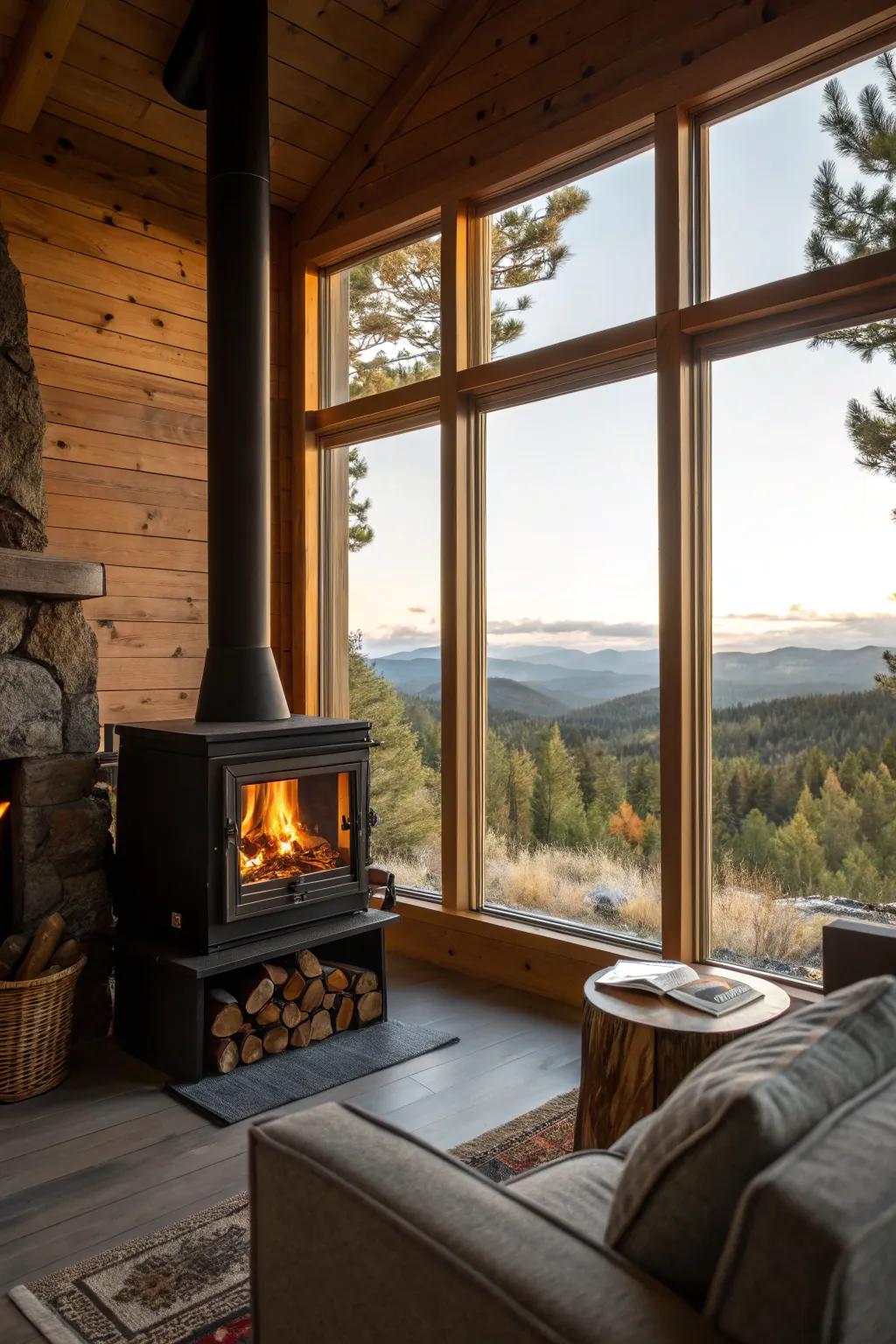 Fireplace positioned near a window for warmth and views.