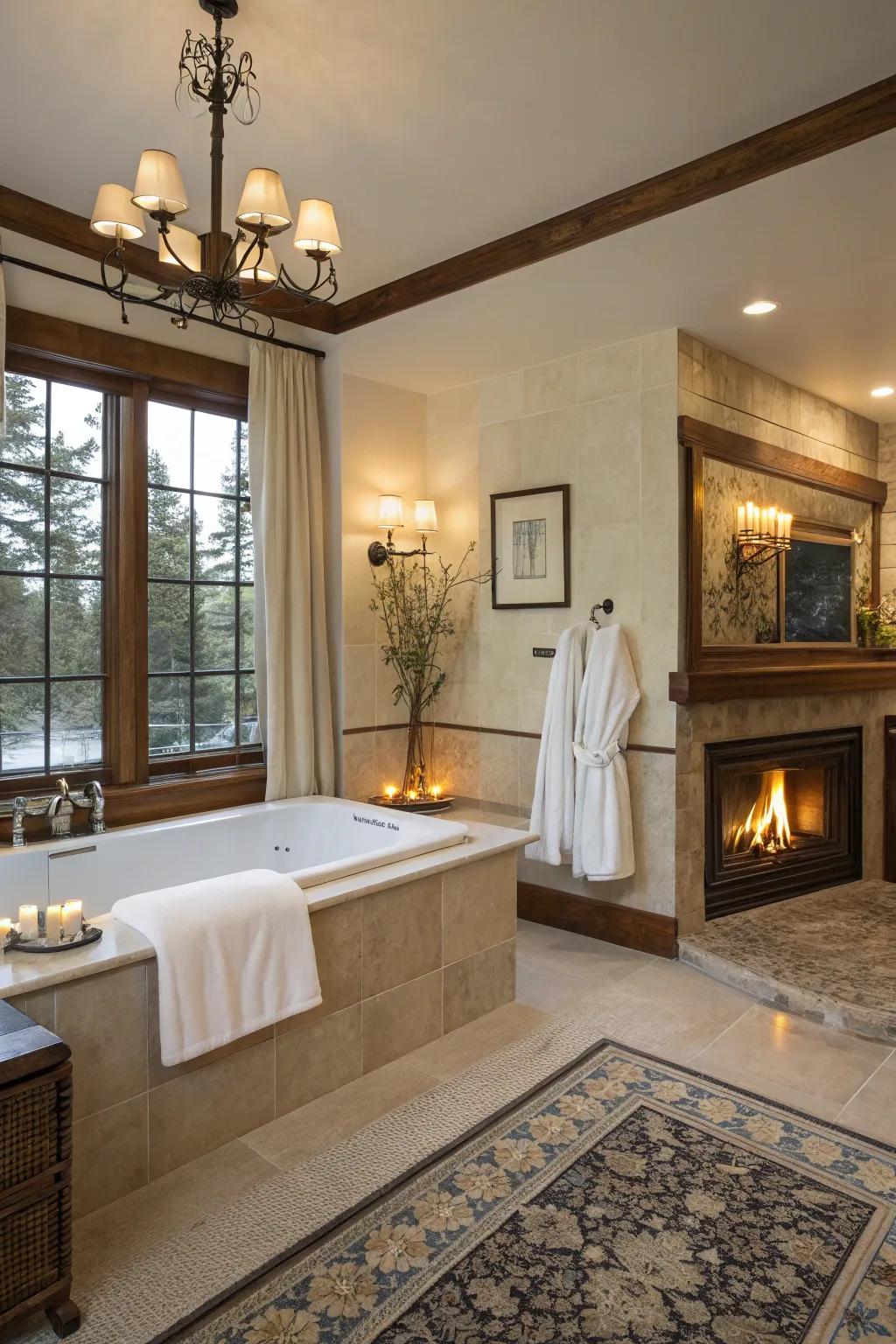 Spa-inspired bathroom with a fireplace.