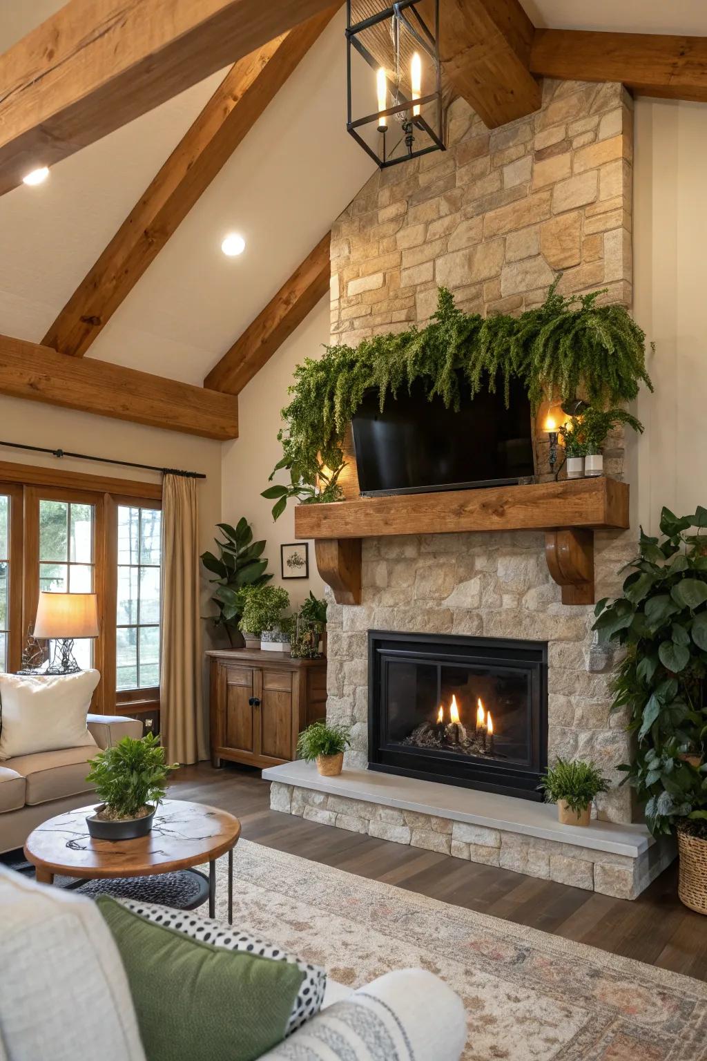 Natural decor elements enhancing a fireplace area.