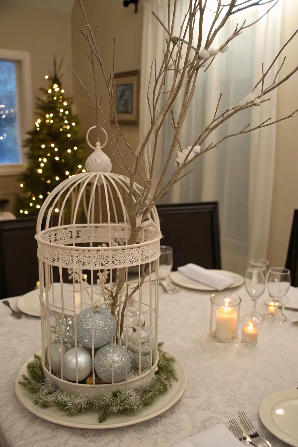 Bird cage centerpiece styled as a winter wonderland with festive accents.