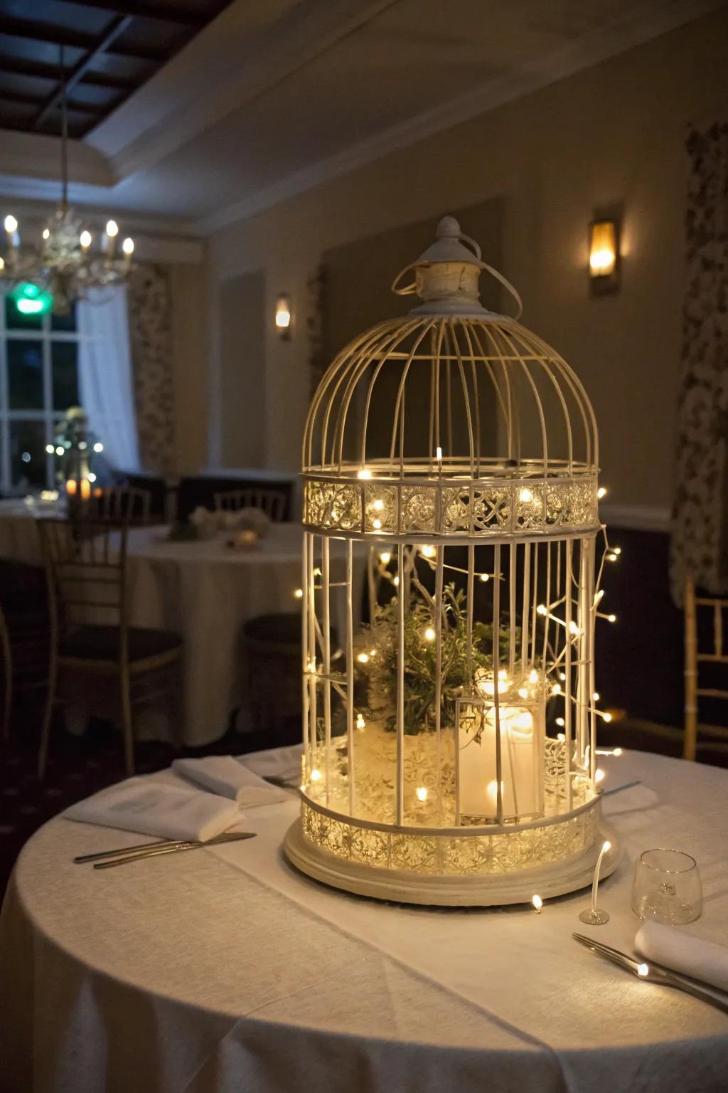 Bird cage centerpiece adorned with twinkling fairy lights.