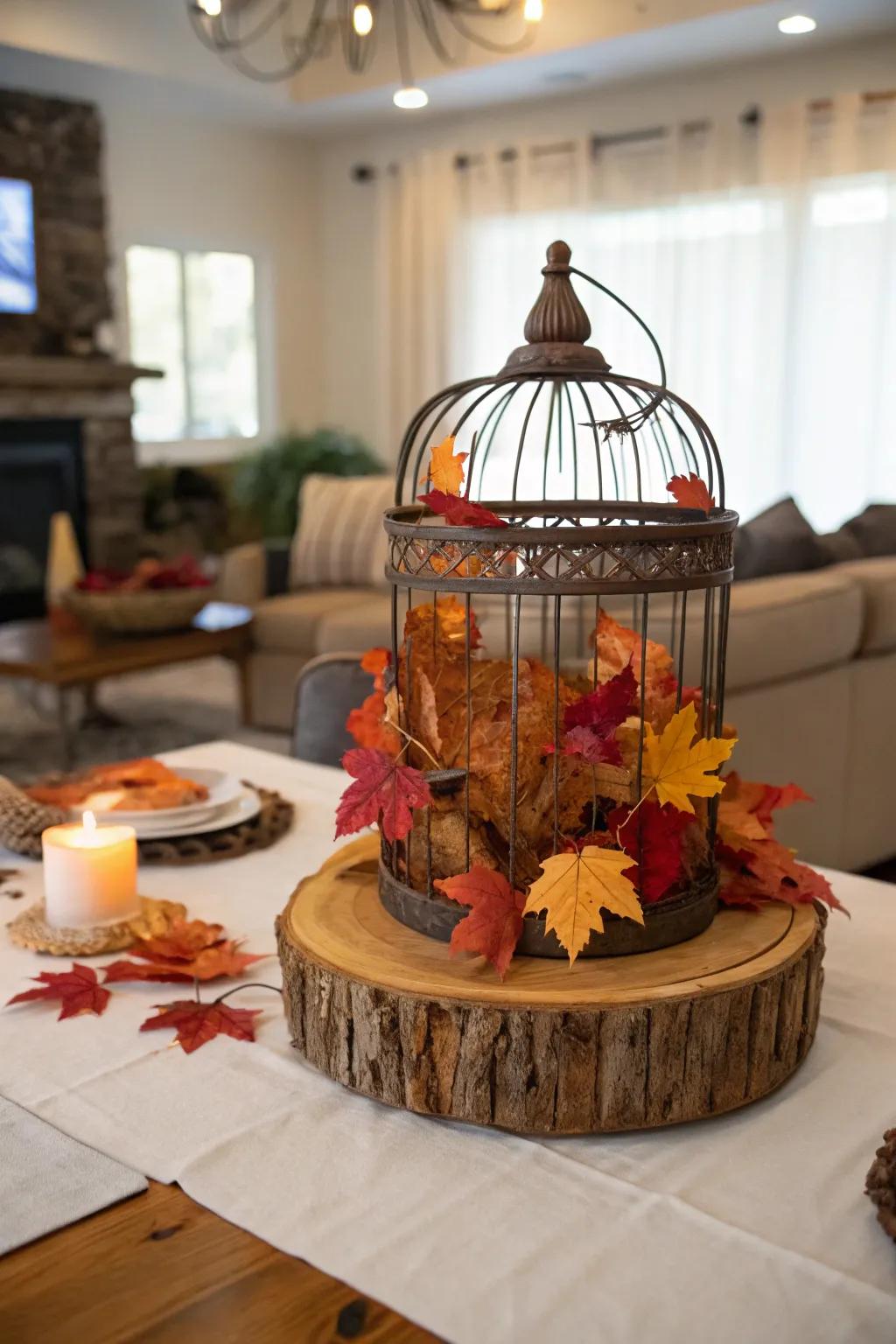 Bird cage centerpiece featuring seasonal autumn decor.