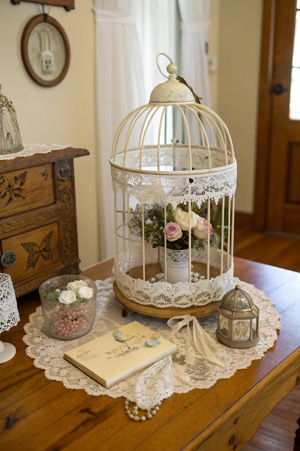 Vintage-inspired bird cage centerpiece with delicate details.