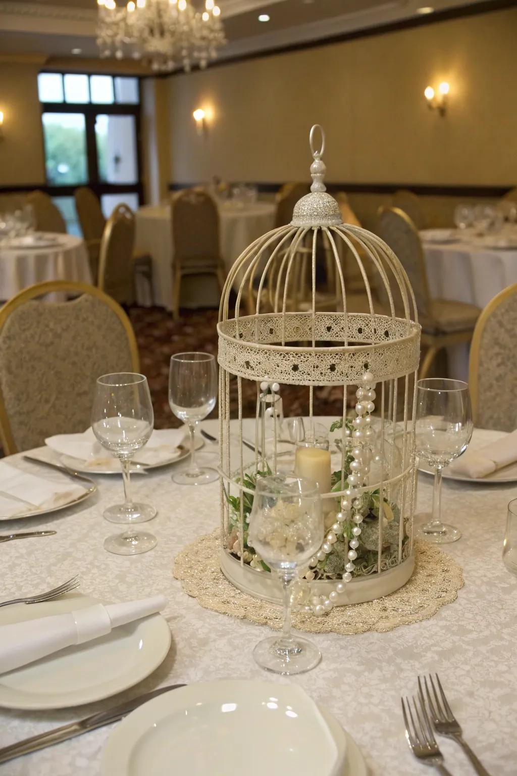 Sophisticated table setting featuring a bird cage centerpiece.