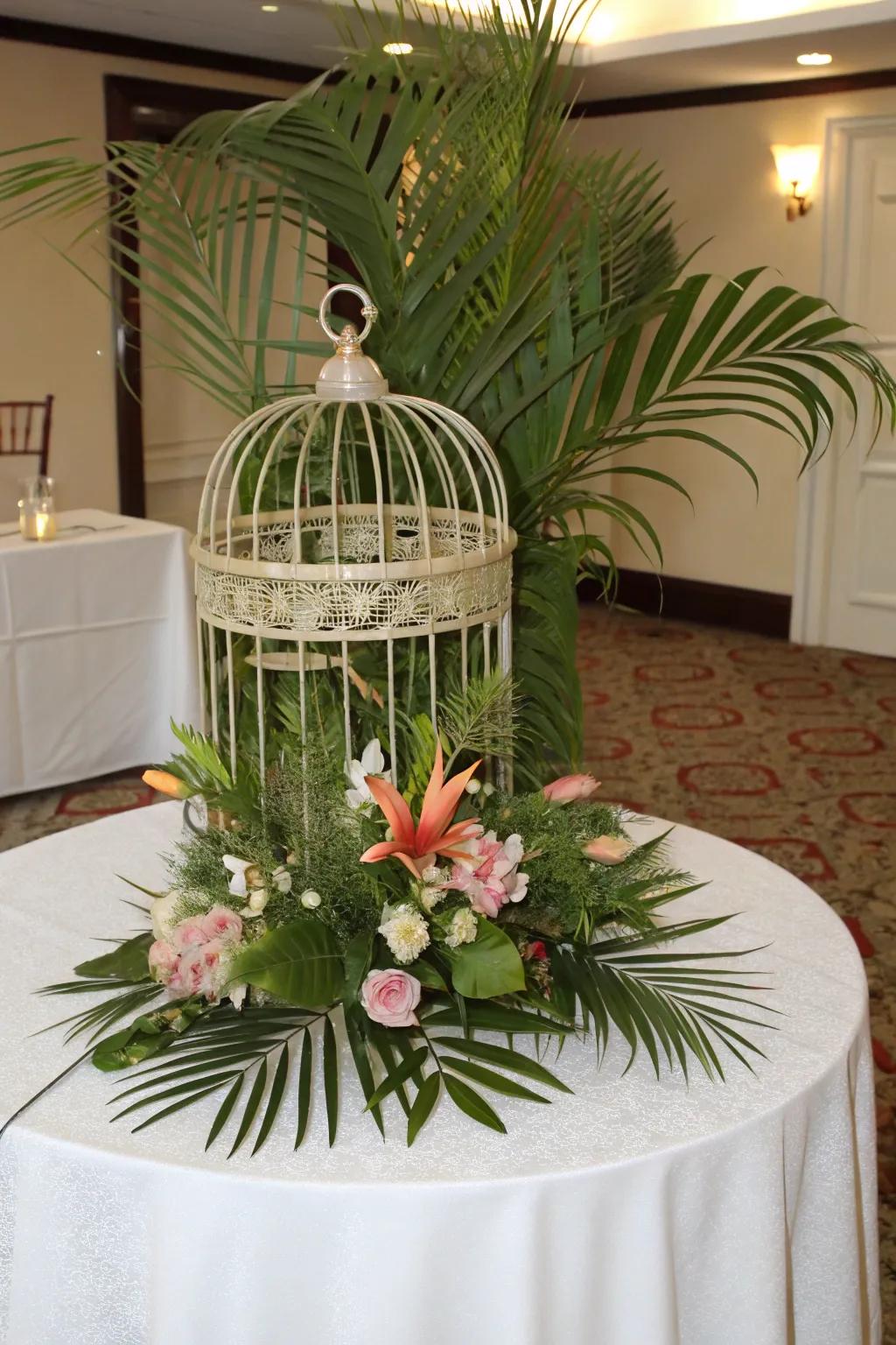 Tropical-themed bird cage centerpiece with lush greenery and flowers.